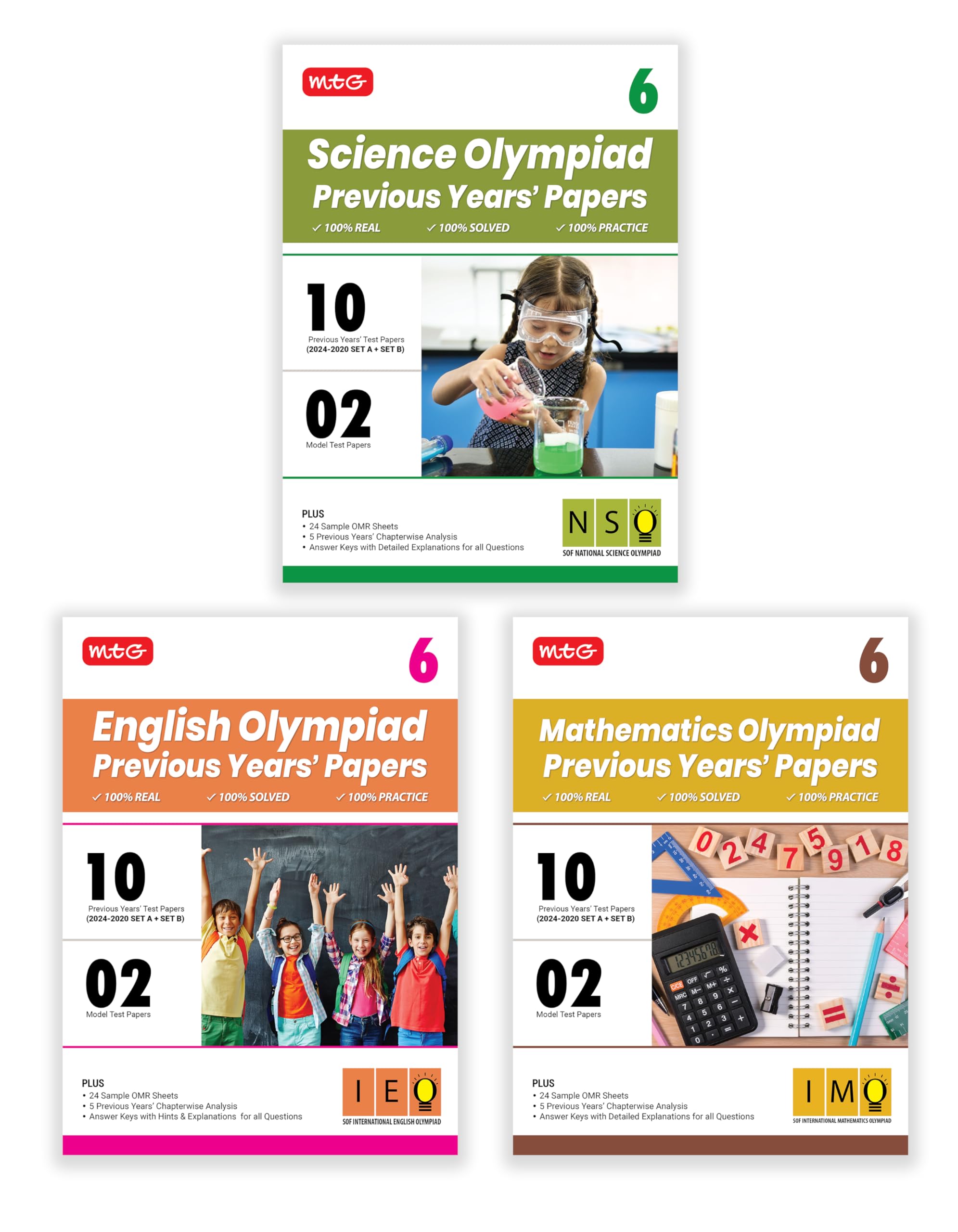 MTG Class6 IMONSOIEO Olympiad 10 Previous Years Papers (20242020 Set A & B) Mathematics, Science & English (Set of 3 Books) 