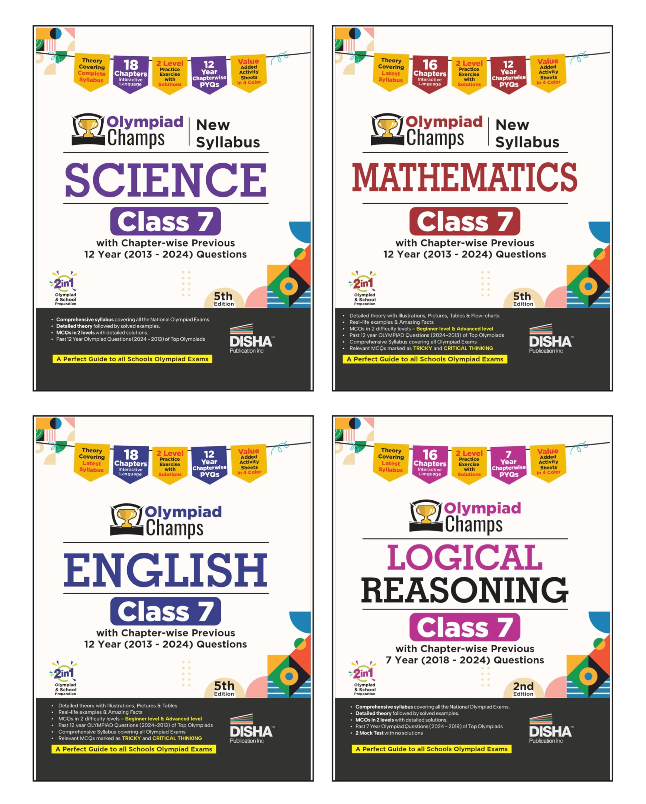 Disha Combo (4 books) Olympiad Champs Class 7 Science, Mathematics, English & Logical Reasoning with Chapterwise Previous 12 Ye