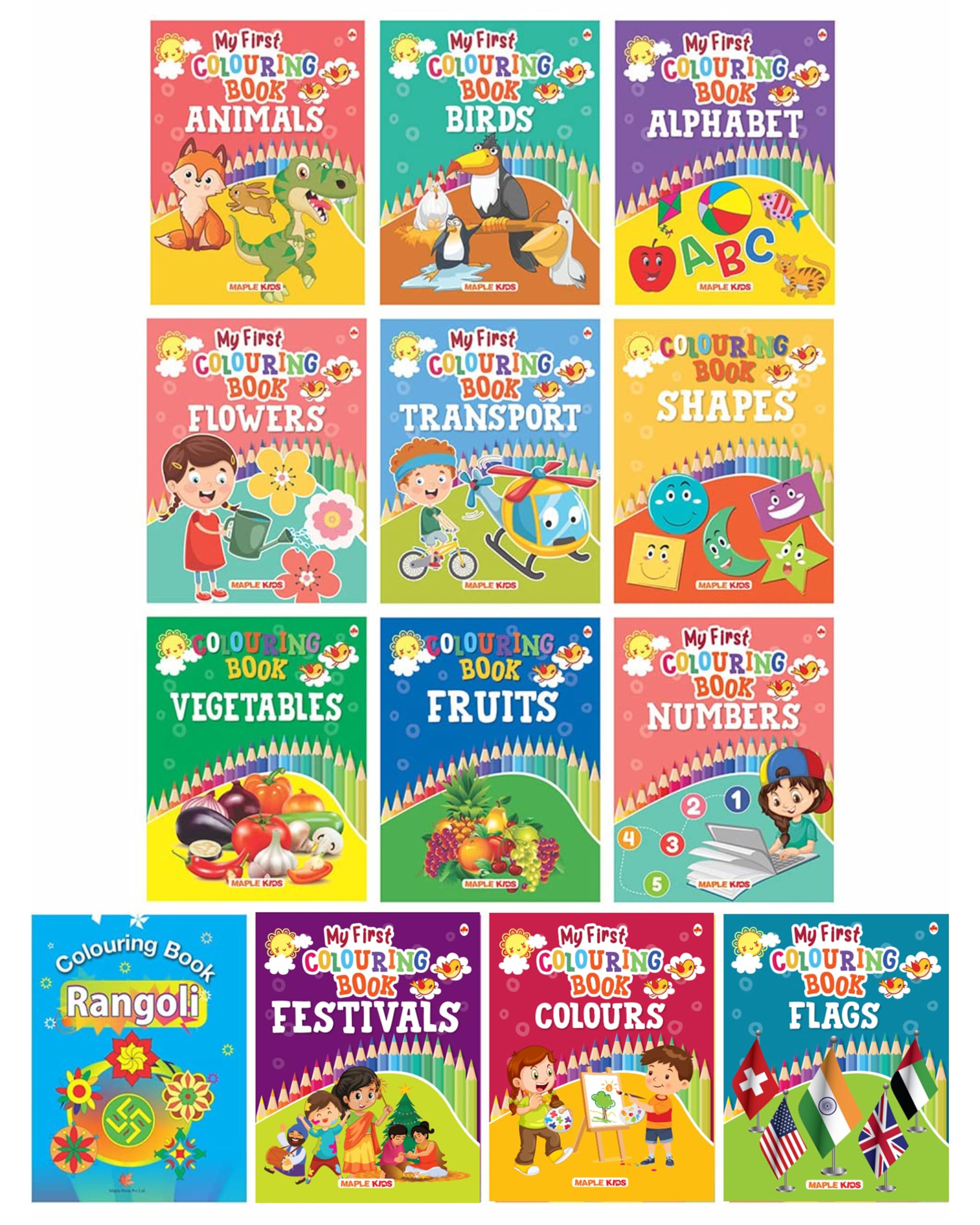 Colouring Books For Kids (Set Of 13 Books)  Alphabet, Numbers, Birds, Flowers, Transport, Games, Cartoons, Objects, Rangoli, Dr