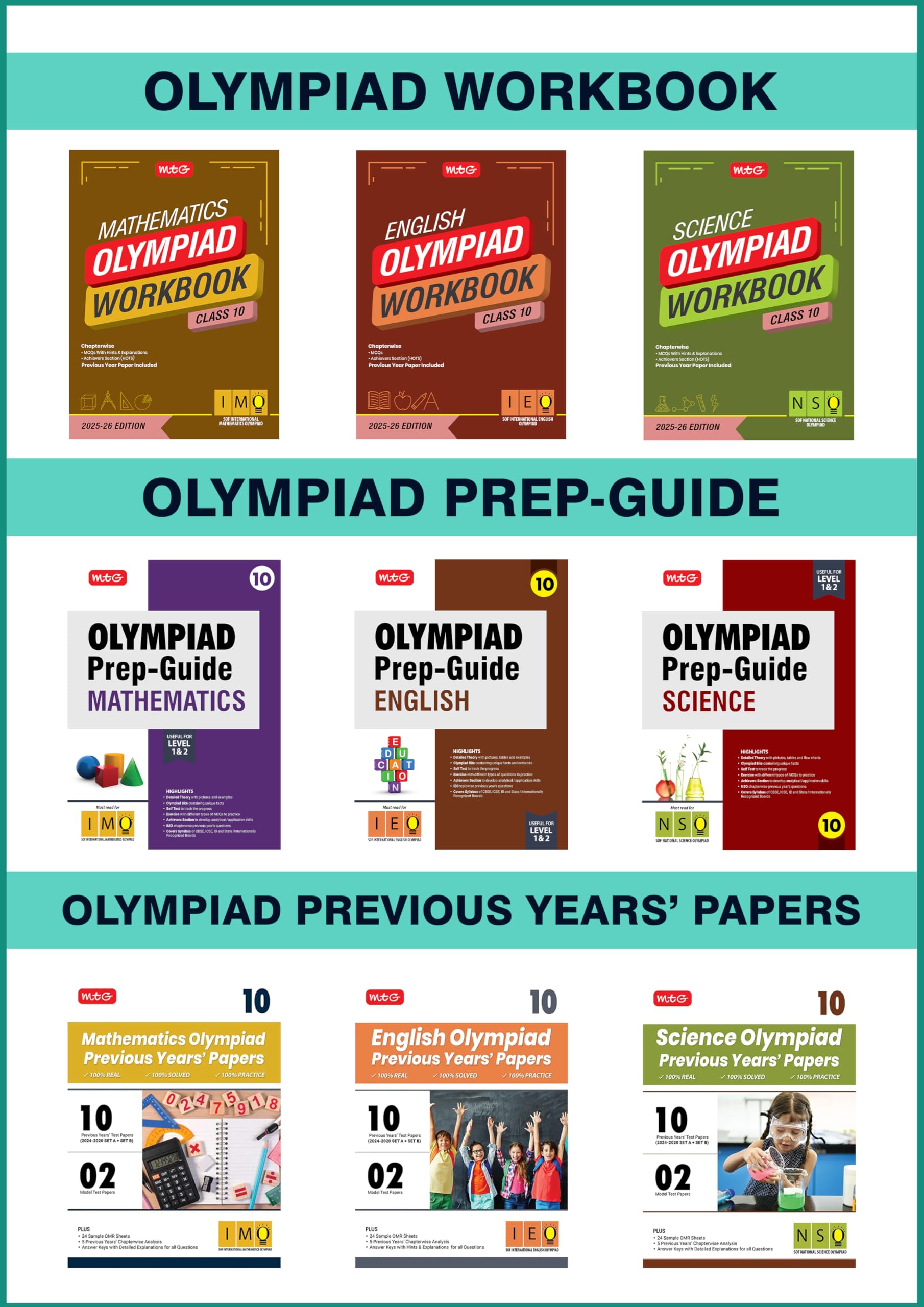 MTG Class10 Mathematics, Science & English (IMONSOIEO) Olympiad Workbook, PrepGuide & Previous Years Papers (PYQs)  SOF Oly