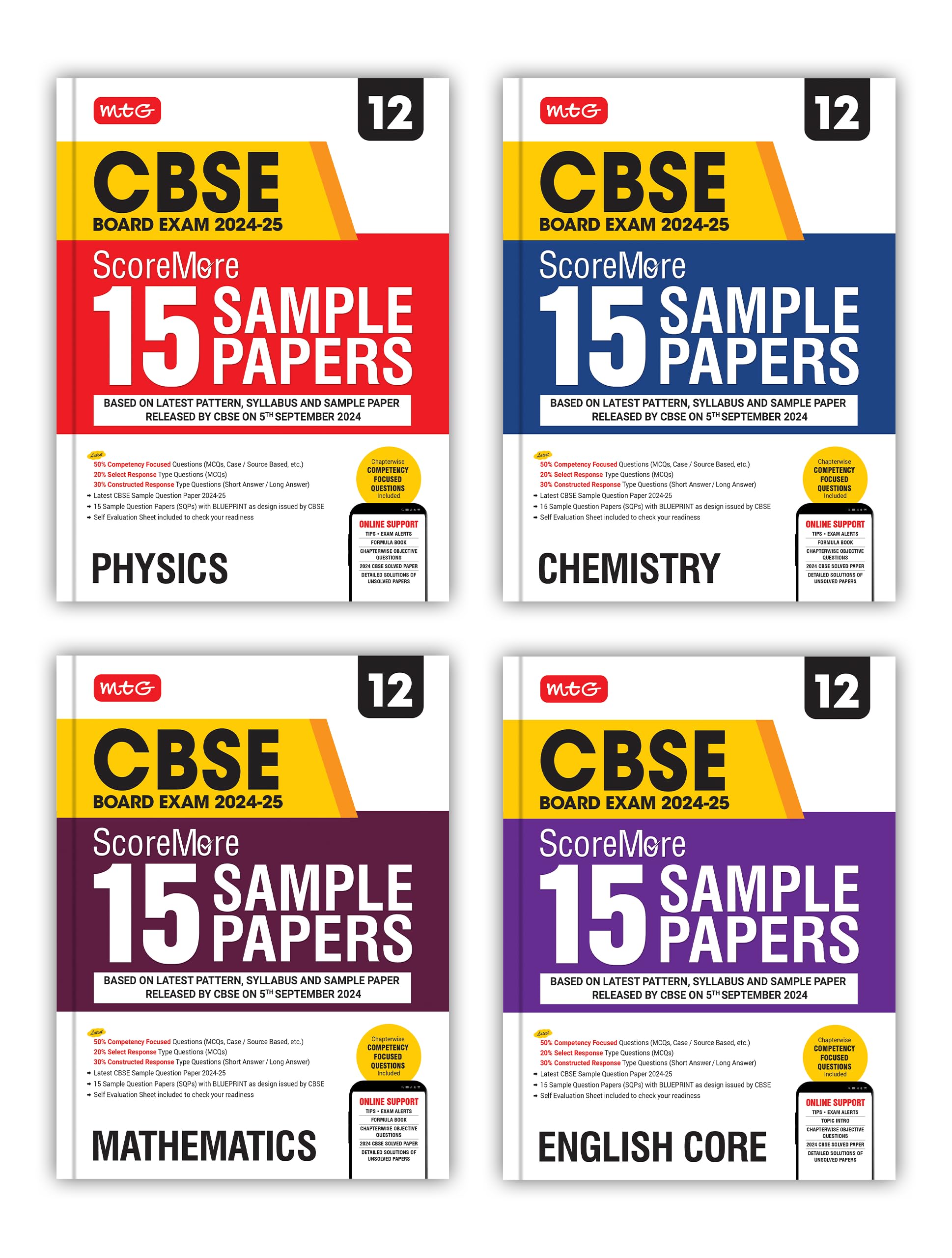 MTG CBSE Class 12 ScoreMore 15 Sample Papers Physics, Chemistry, Mathematics & English Books For 2025 Board Exam (Set of 4) | De