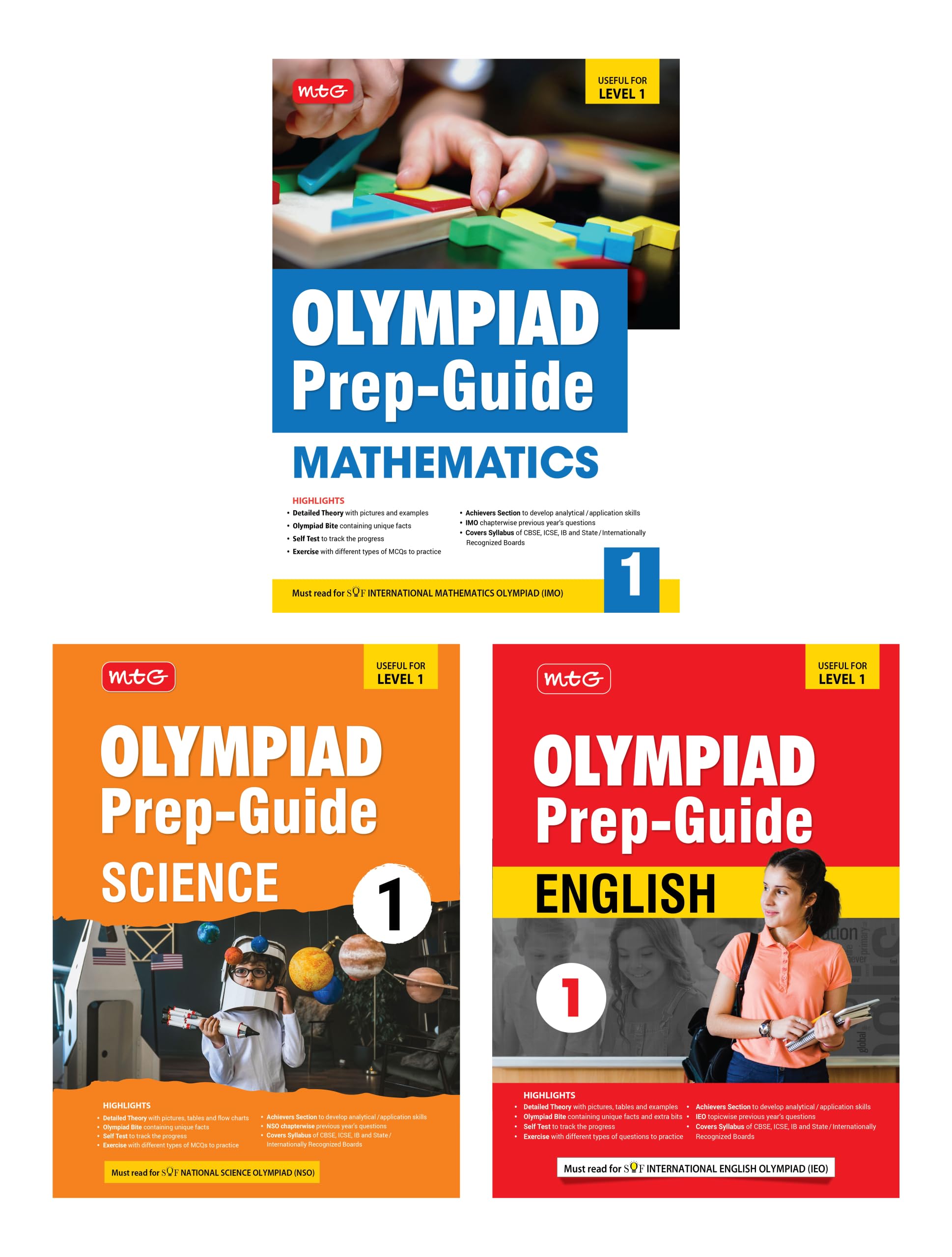 MTG Olympiad PrepGuide Class1 Mathematics, Science & English (Set of 3 Books)  Detailed Theory, Self Test with IMONSOIEO Ch