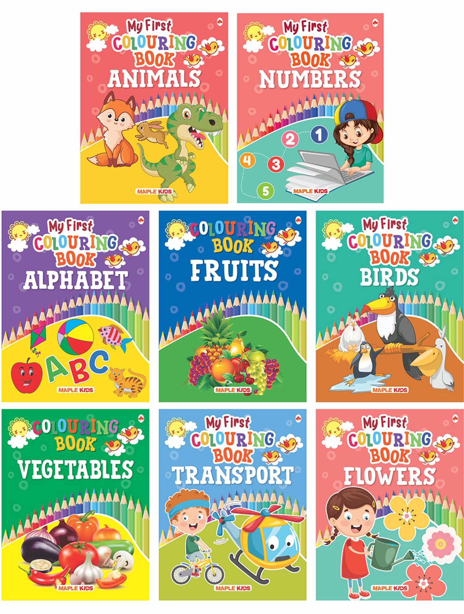 Colouring Books for Kids (Set of 8 books)  Gift to children for painting, drawing and colouring  Numbers, Fruits, Birds, Veget