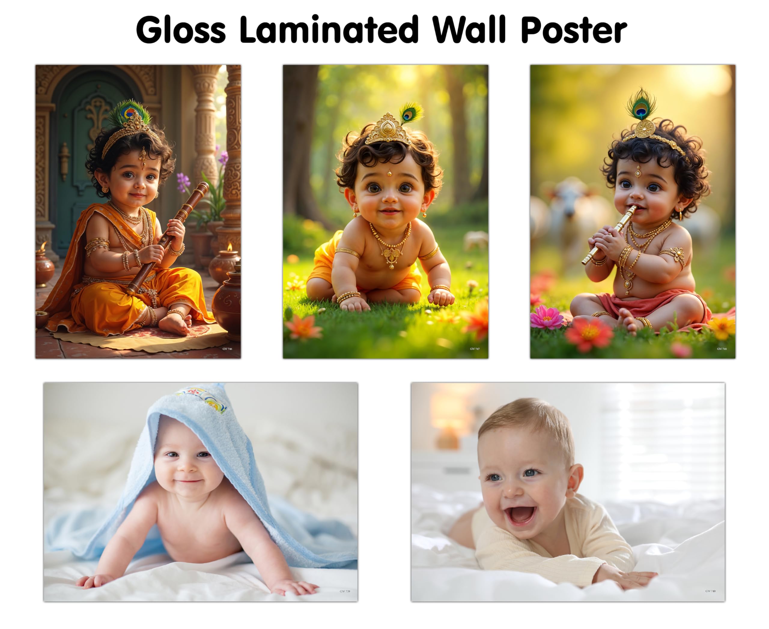 KRISHNA BABY POSTER  4, 5, 6 and BABY POSTER  3 and 4 (GLOSS LAMINATION) : glossy Krishna child art print, laminated baby pho