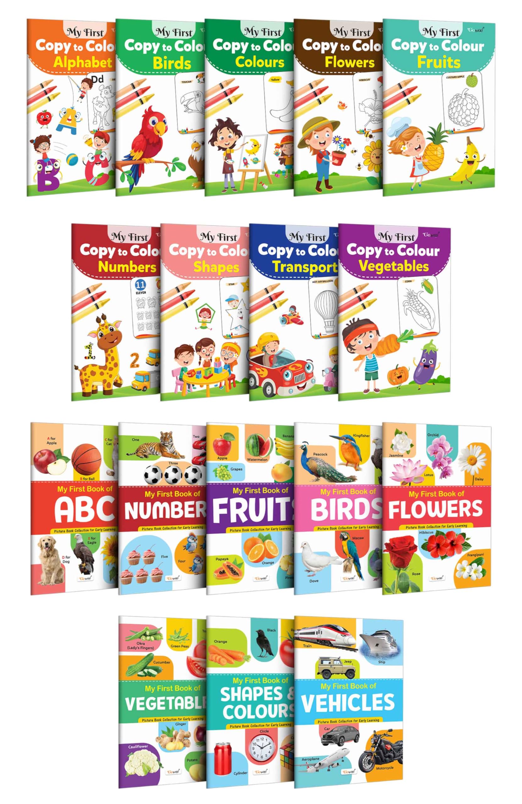 Collection of 17 Colouring and Learning books : My First Book of ABC, Numbers, Fruits, Birds & more and My First Copy to Colour 