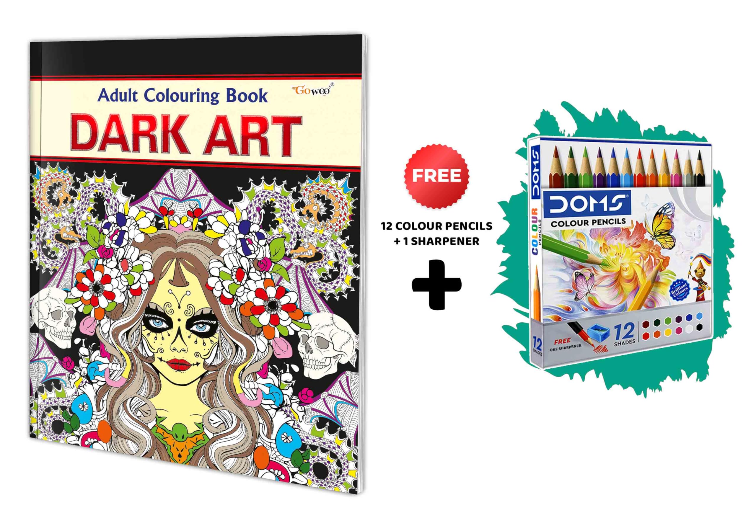 Dark Art  Adult Colouring Book with 12 Colour Pencils + 1 Sharpener : Art Coloring kit for Adults, Art Therapy Coloring, Relaxi