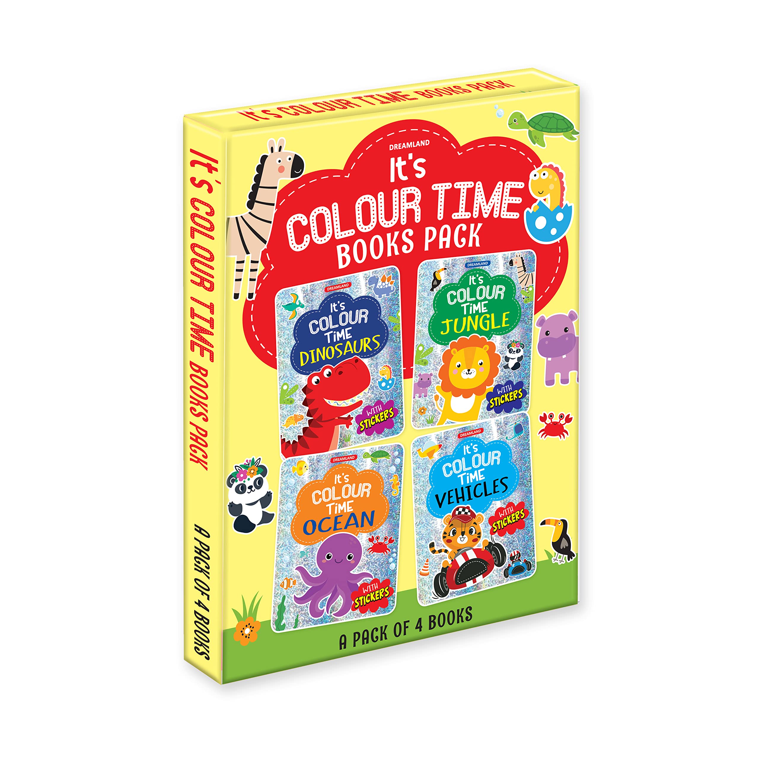 ItS Colour Time Books Pack  Set Of 4 Colouring & Sticker Books For Kids Age 37 Years | Fun Activity With Dinosaurs, Vehicles, 