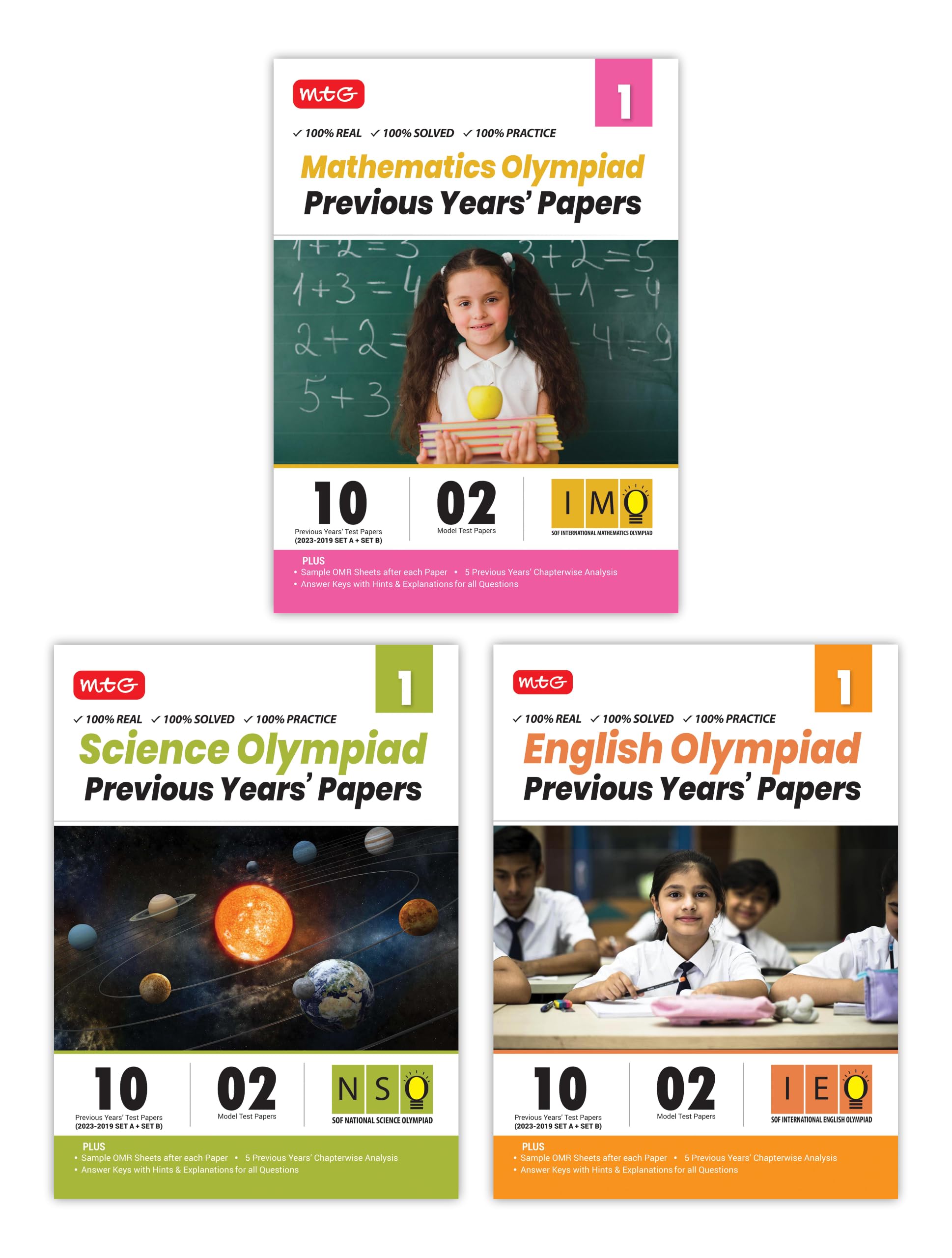 MTG IMONSOIEO Class1 Olympiad Previous Years Papers (20232019 Set A & B) Mathematics, Science & English (Set of 3 Books) | M