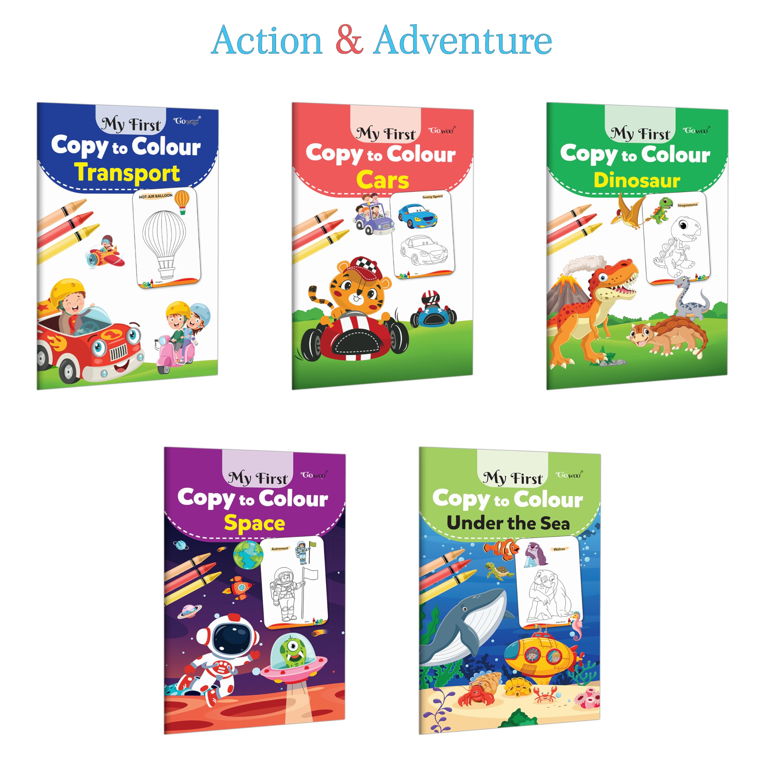 My First Copy to Colour  Transport, Cars, Dinosaur, Space and Under the Sea : Adventure colouring set, Preschool creative acti