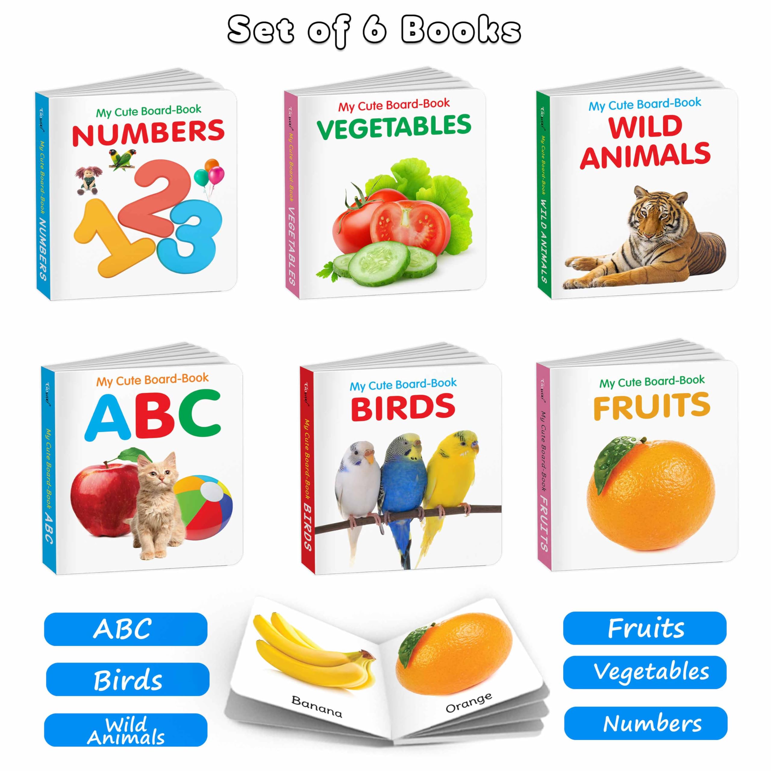 My First Library Kids Board Books ABC, Numbers, Fruits, Vegetables, Wild Animals, Birds  Picture books for toddlers, Fun board 