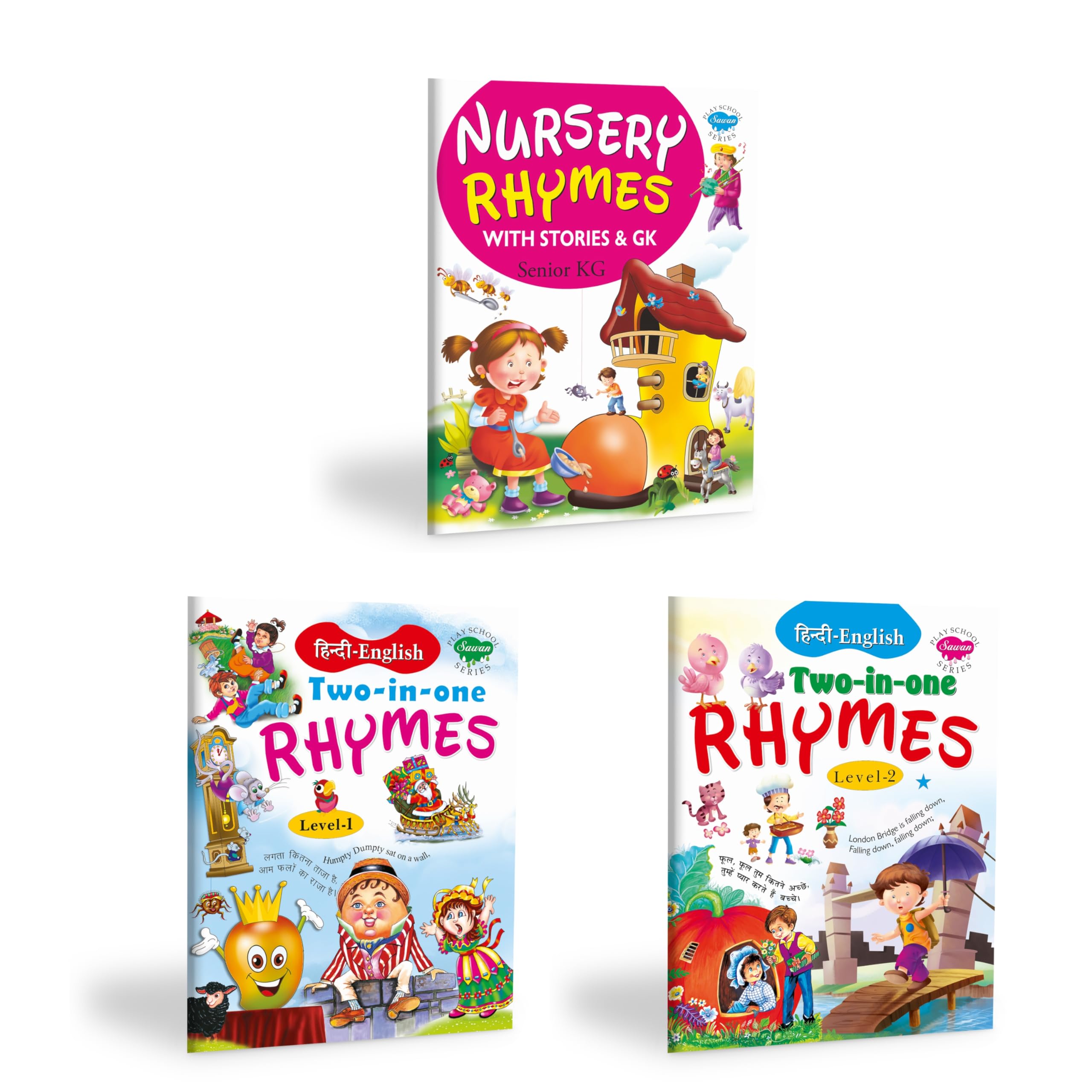 Set of 3 Books, Nursery Rhymes with Stories & G.K. (Senior KG), Hindi & English TwoinOne Rhymes (Level1) and Hindi & English 