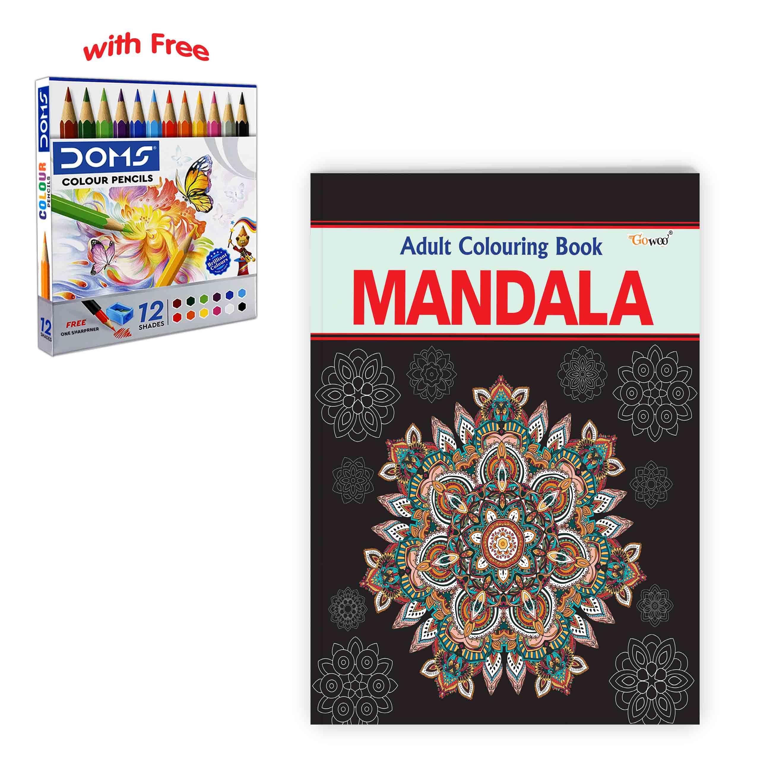 Mandala  Adult Colouring Book with 12 Colour Pencils + 1 Sharpner : adult colouring kit with sharpener, meditative art book for
