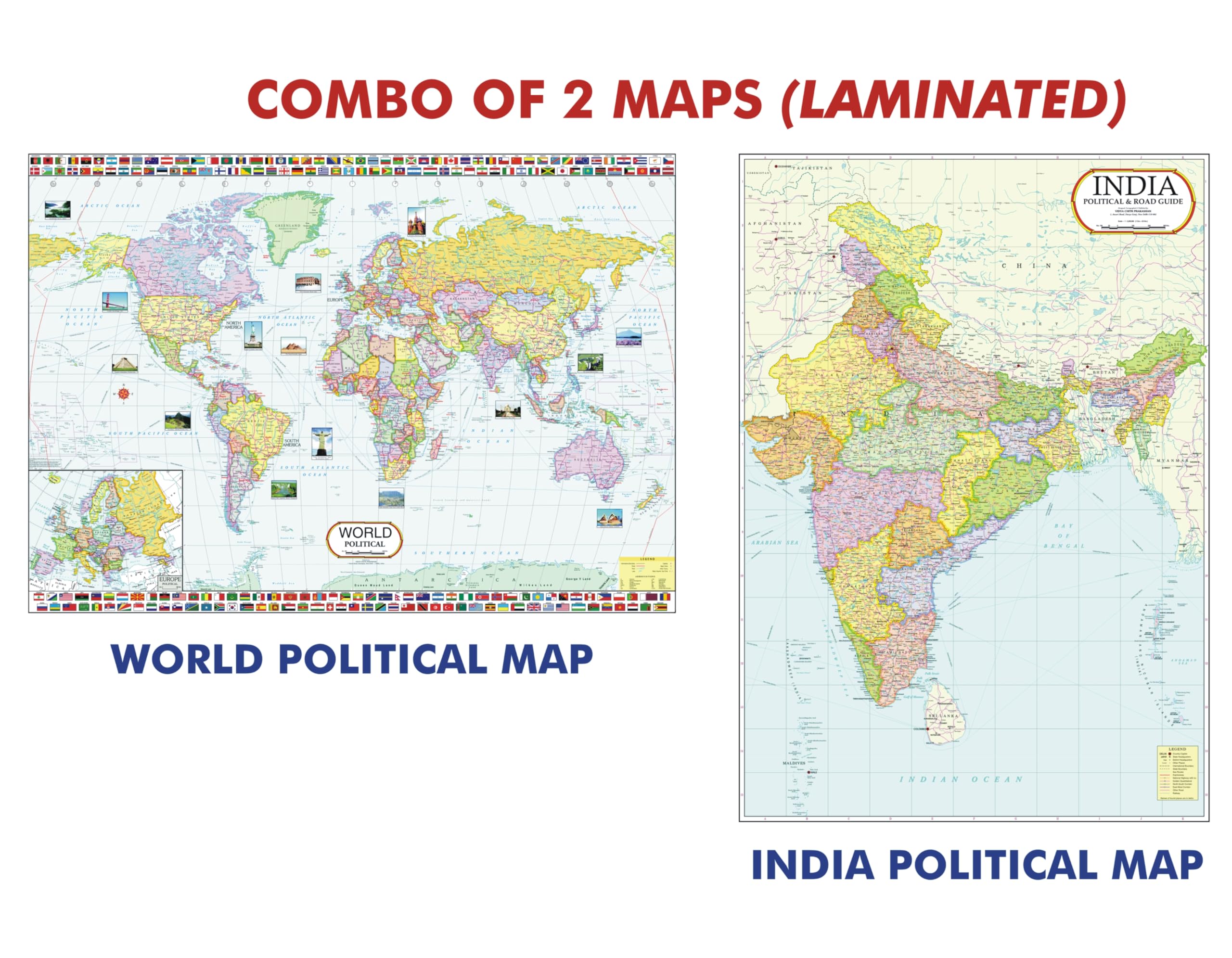 India And World Map Combo | 100 X 140 Cm ( 40 Inch X 56 Inch ) | Laminated | English | Big Size