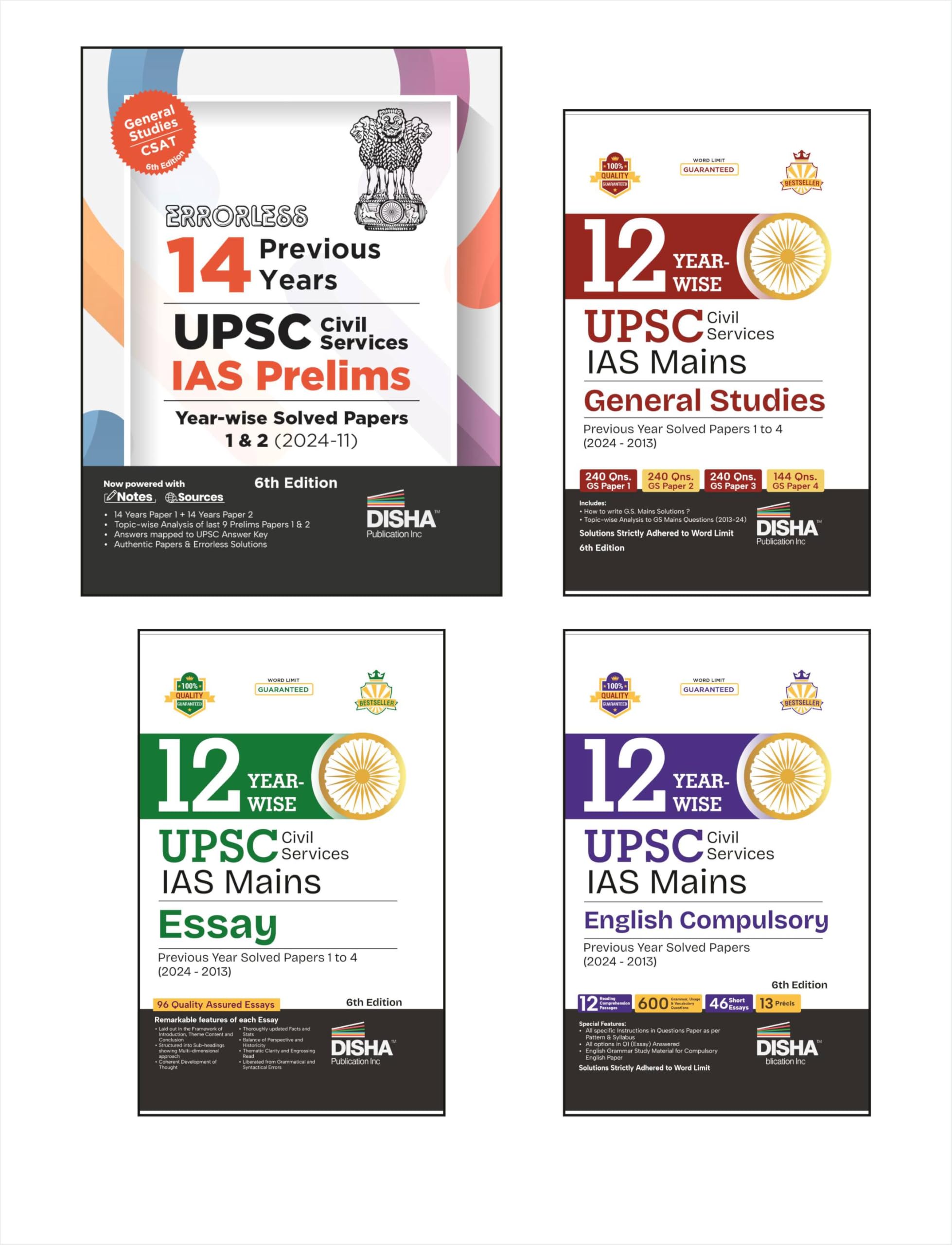 Old Edition  Disha Combo (Set Of 4 Books) 14 YearWise Prelims & 12 YearWise Mains Upsc Civil Services Previous Year Solved Pa