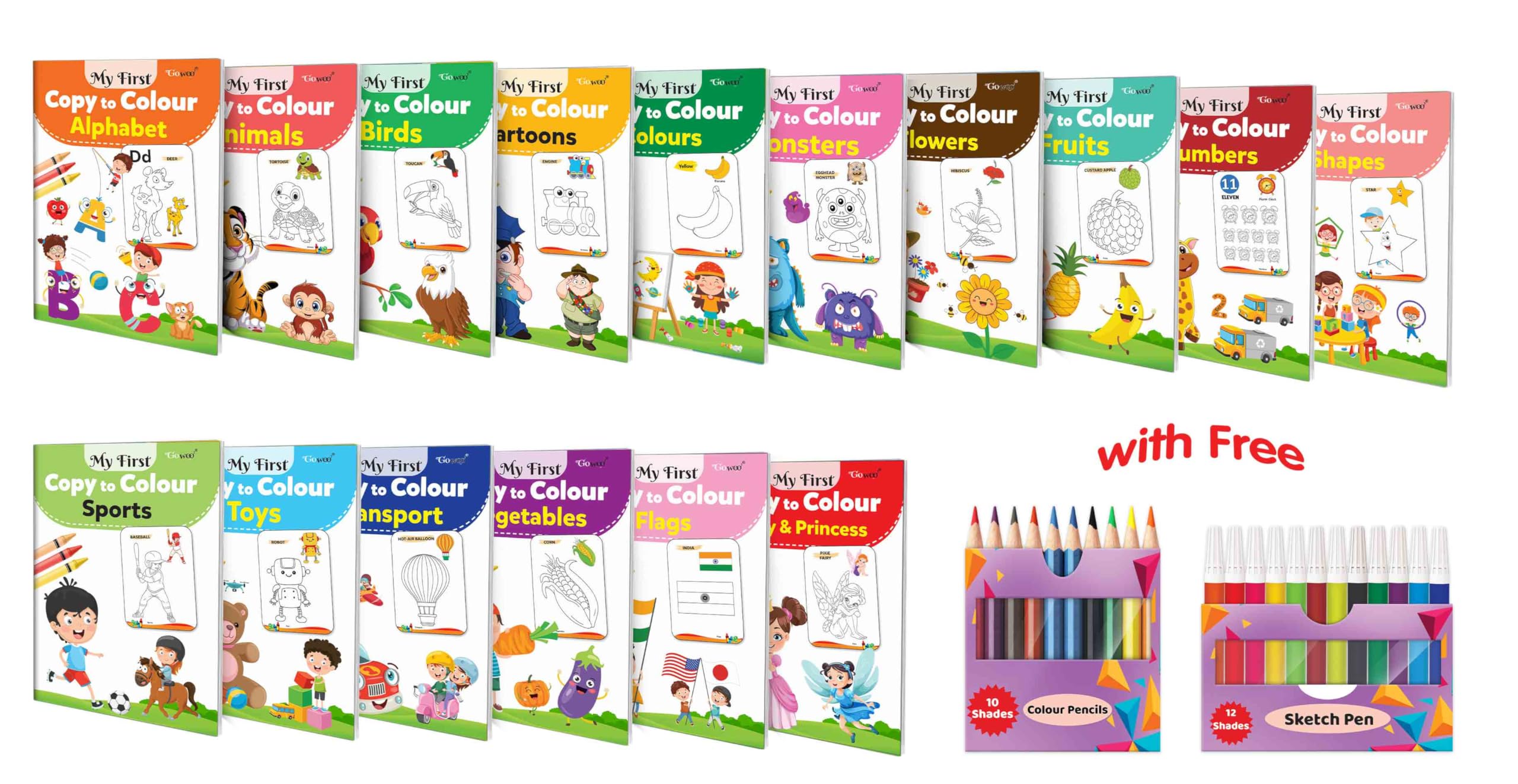 My First Copy to Colour  Alphabet, Animals, Birds, Cartoons and more with 12 WATER COLOUR SKETCH PEN and 10 COLOUR PENCILS : th