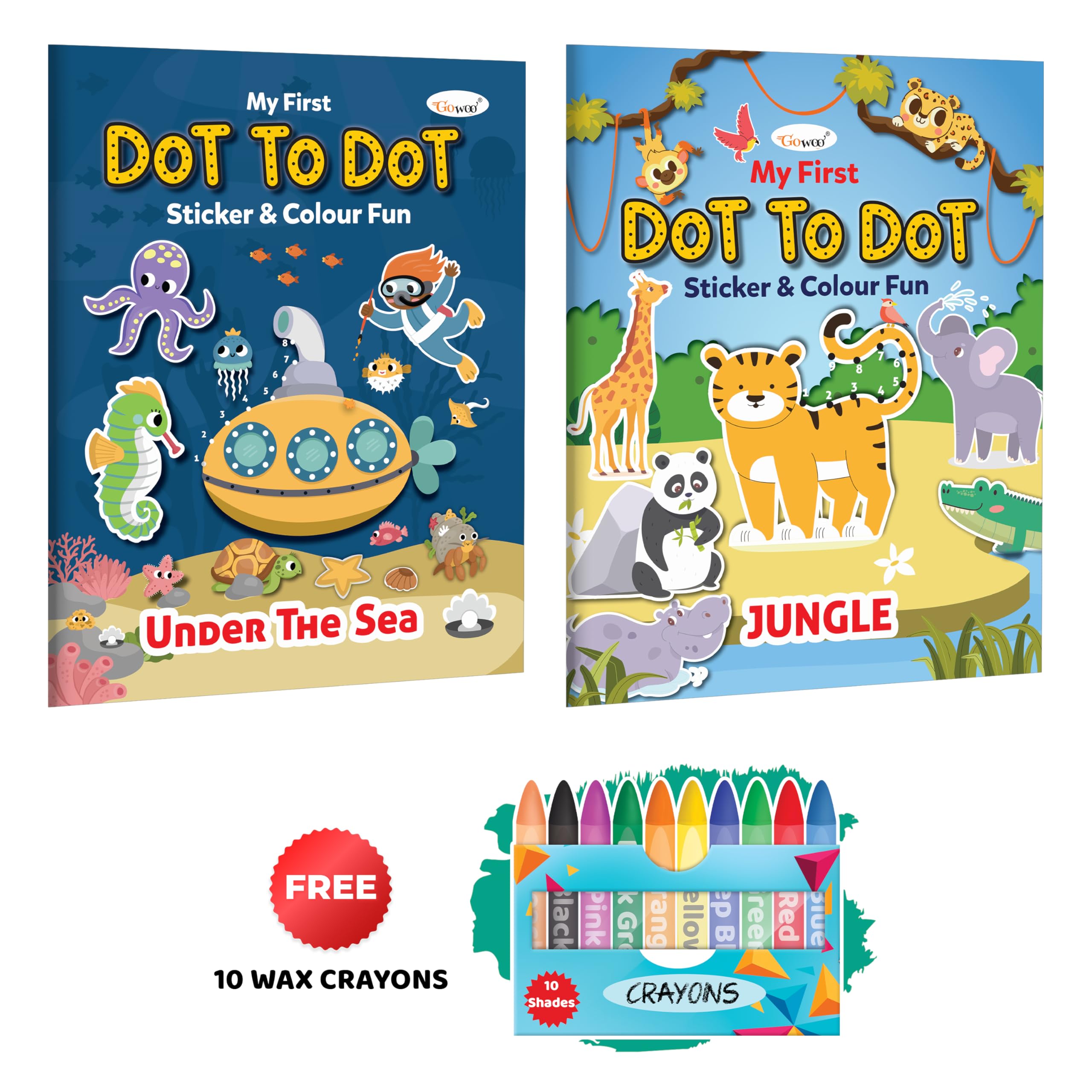 My first Dot to Dot Sticker & Colour Fun  Under the Sea and Jungle with 10 Wax Crayons : Kids Creative Coloring Book, Fun and E