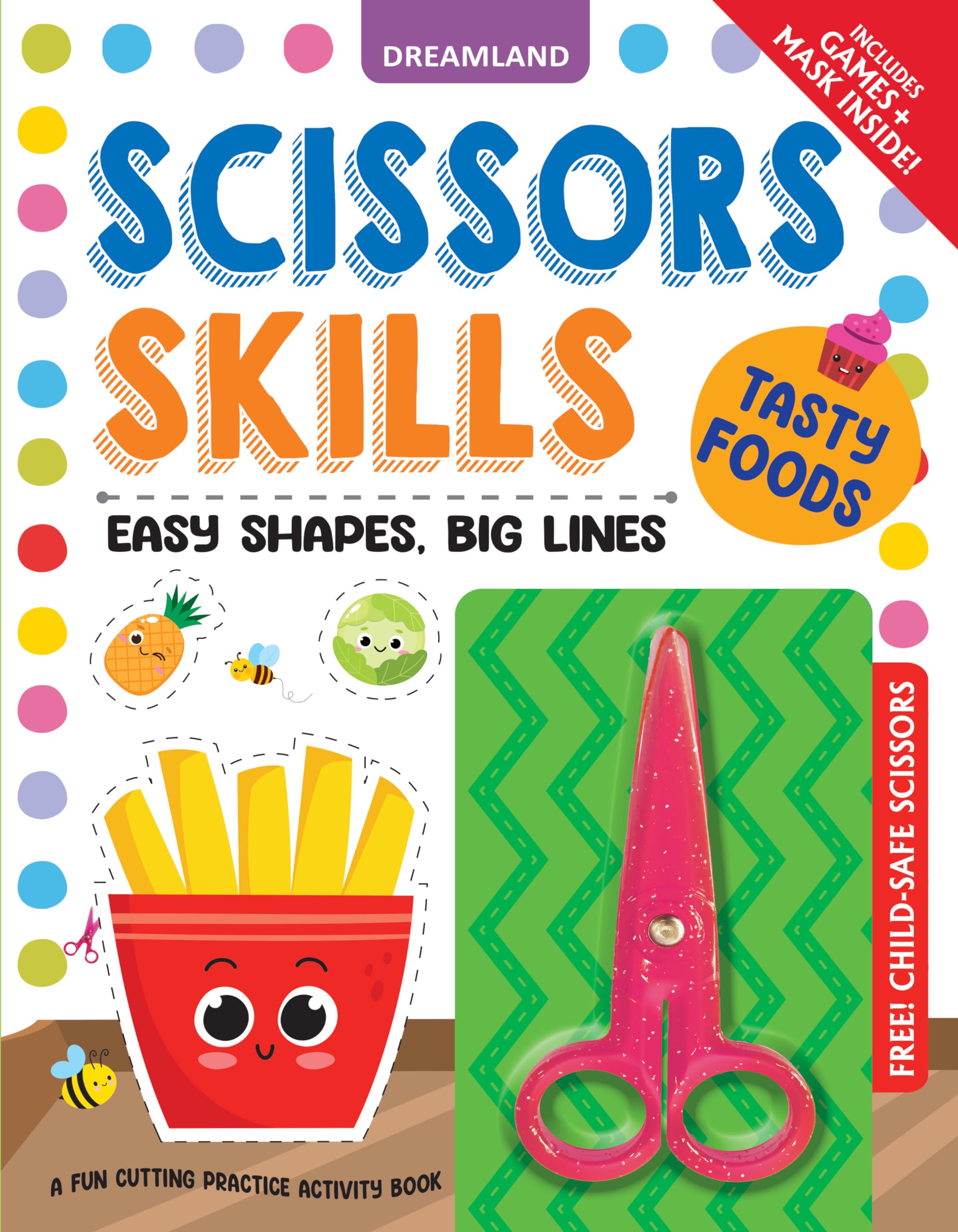 Tasty Foods Scissors Skills Activity Book For Kids Age 47 Years | Cutting Practice Workbook With ChildSafe Scissors, FoodTheme