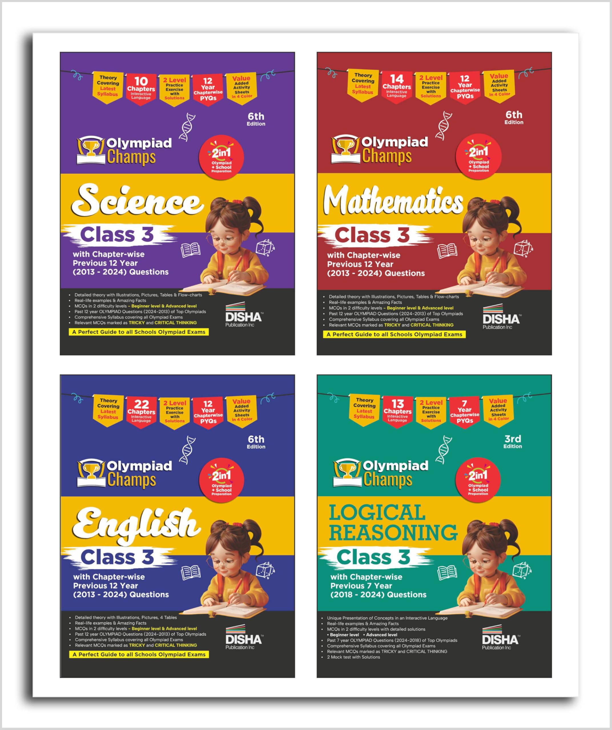 Old Edition  Disha Combo Class 3 (Set Of 4 Books) Olympiad Champs Science, Mathematics, English & Logical Reasoning With Chapte