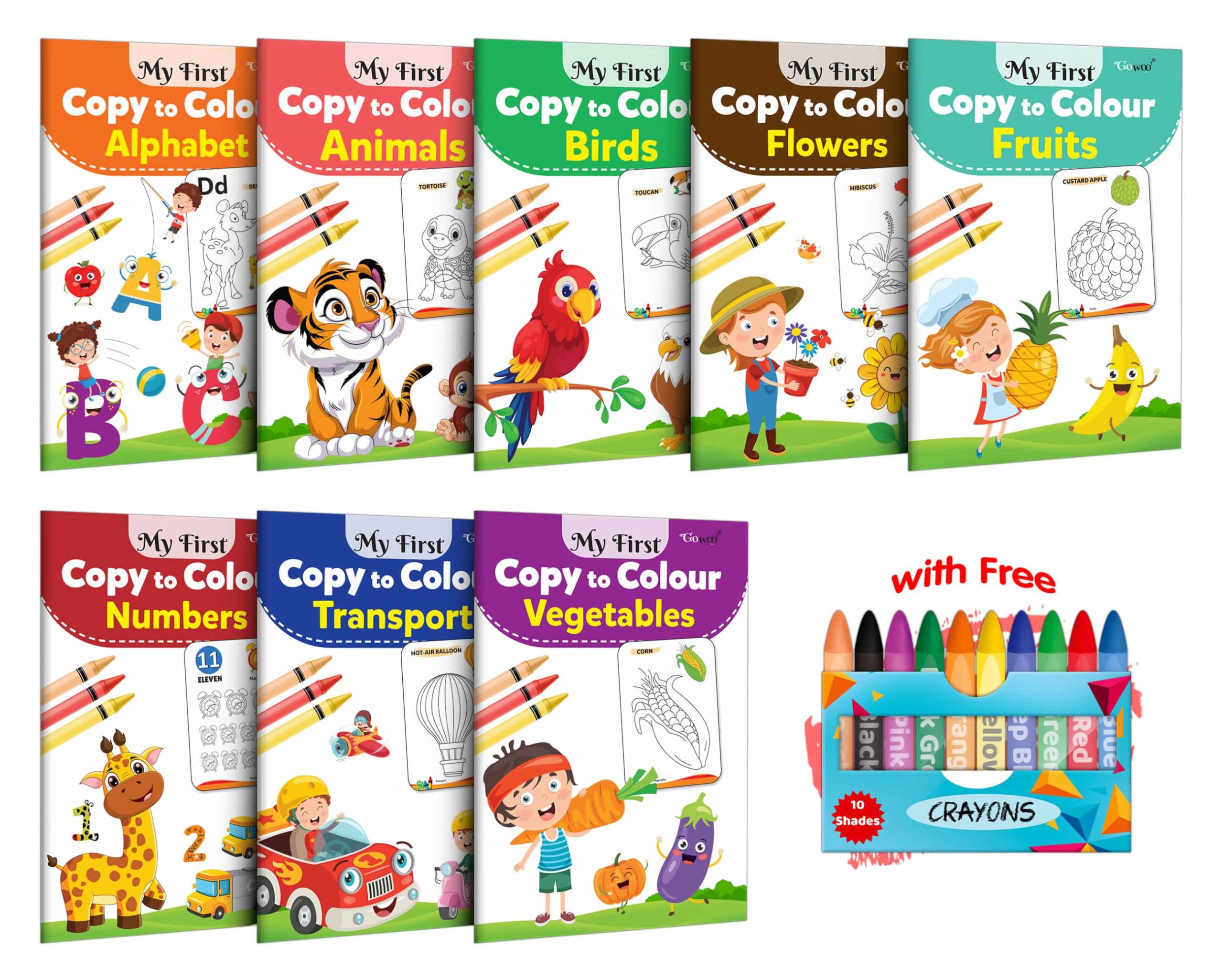 My First Copy to Colour  Alphabet, Animals, Birds, Flowers, Fruits, Numbers, Transport and Vegetables with 10 WAX CRAYONS : Cop