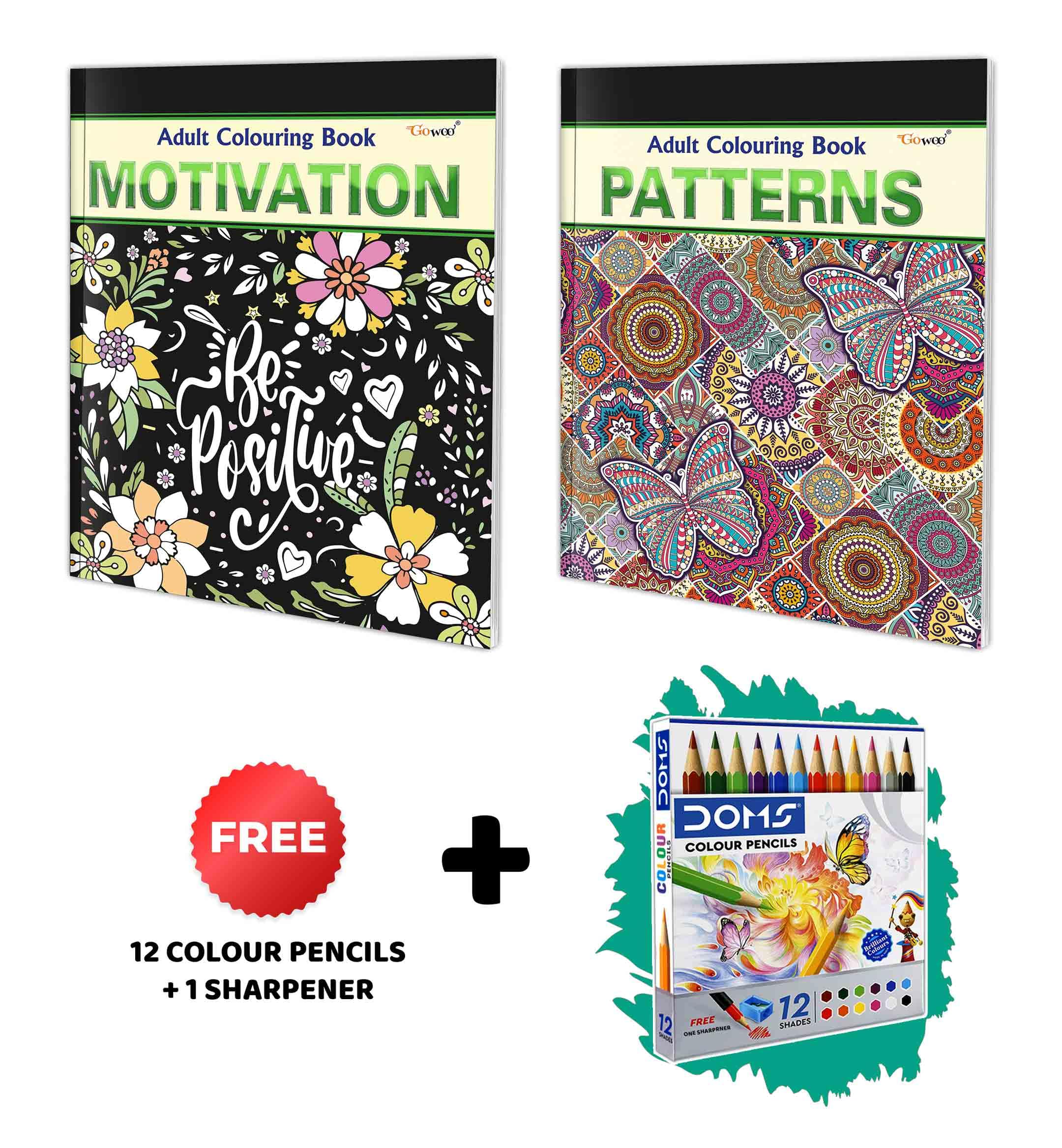 Motivation and Patterns  Adult Colouring Book with 12 Colour Pencils + 1 Sharpener : Colouring kit for adults, Adult and Child 