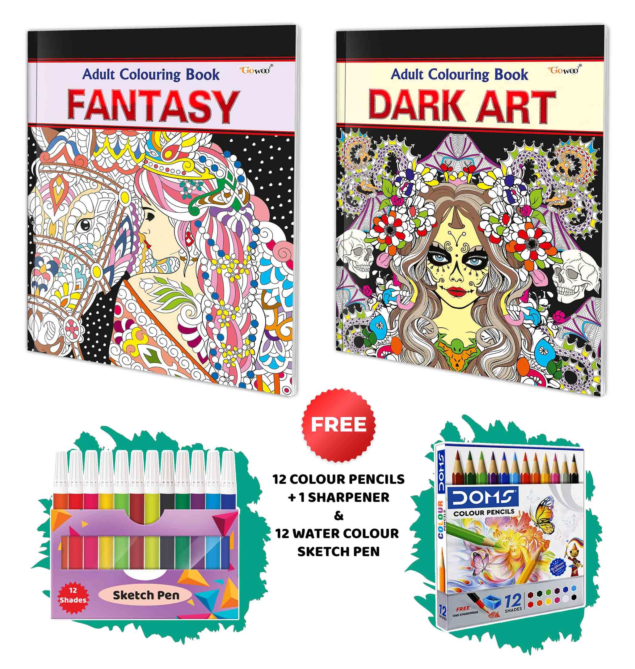 Fantasy and Dark Art  Adult Colouring Book with 12 Water Colour Sketch Pens and 12 Colour Pencils + 1 Sharpener : Mindful Color