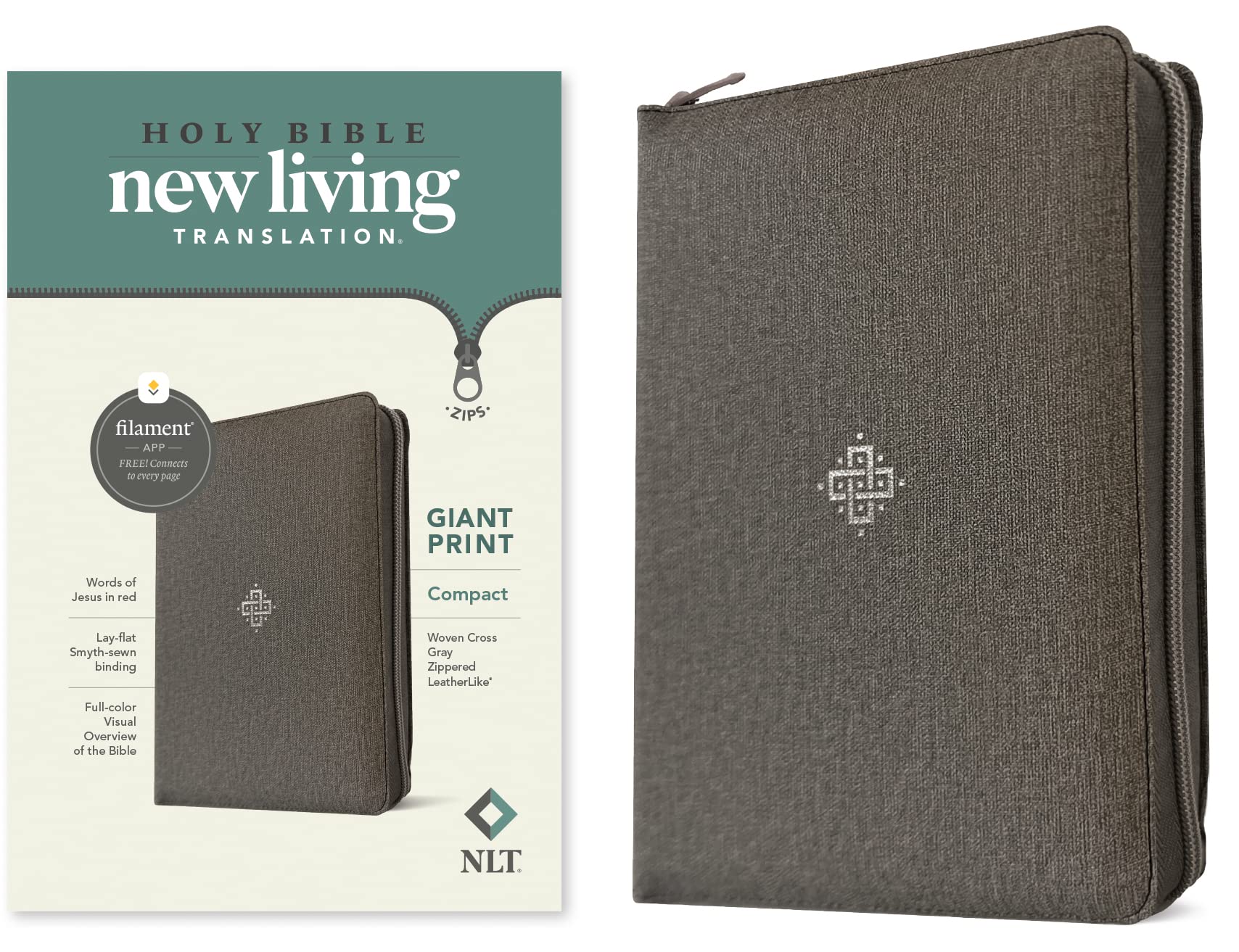NLT Compact Giant Print Zipper Bible, Filament Enabled (LeatherLike, Woven Cross Gray, Red Letter)