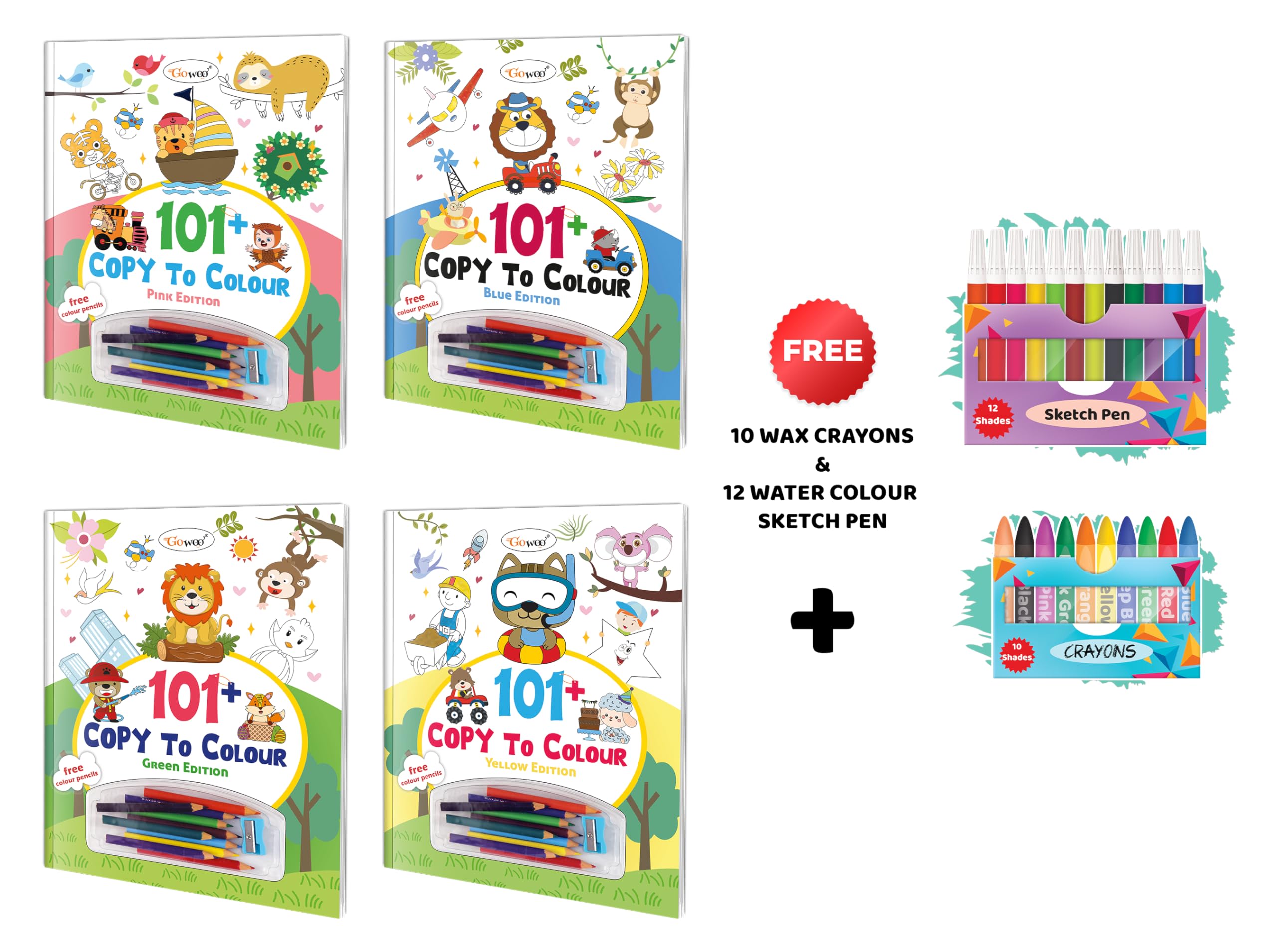 101+ Copy to Colour  Pink, Blue, Green and Yellow Edition with 10 wax crayons and 12 water colour sketch pen : Childrens Educat