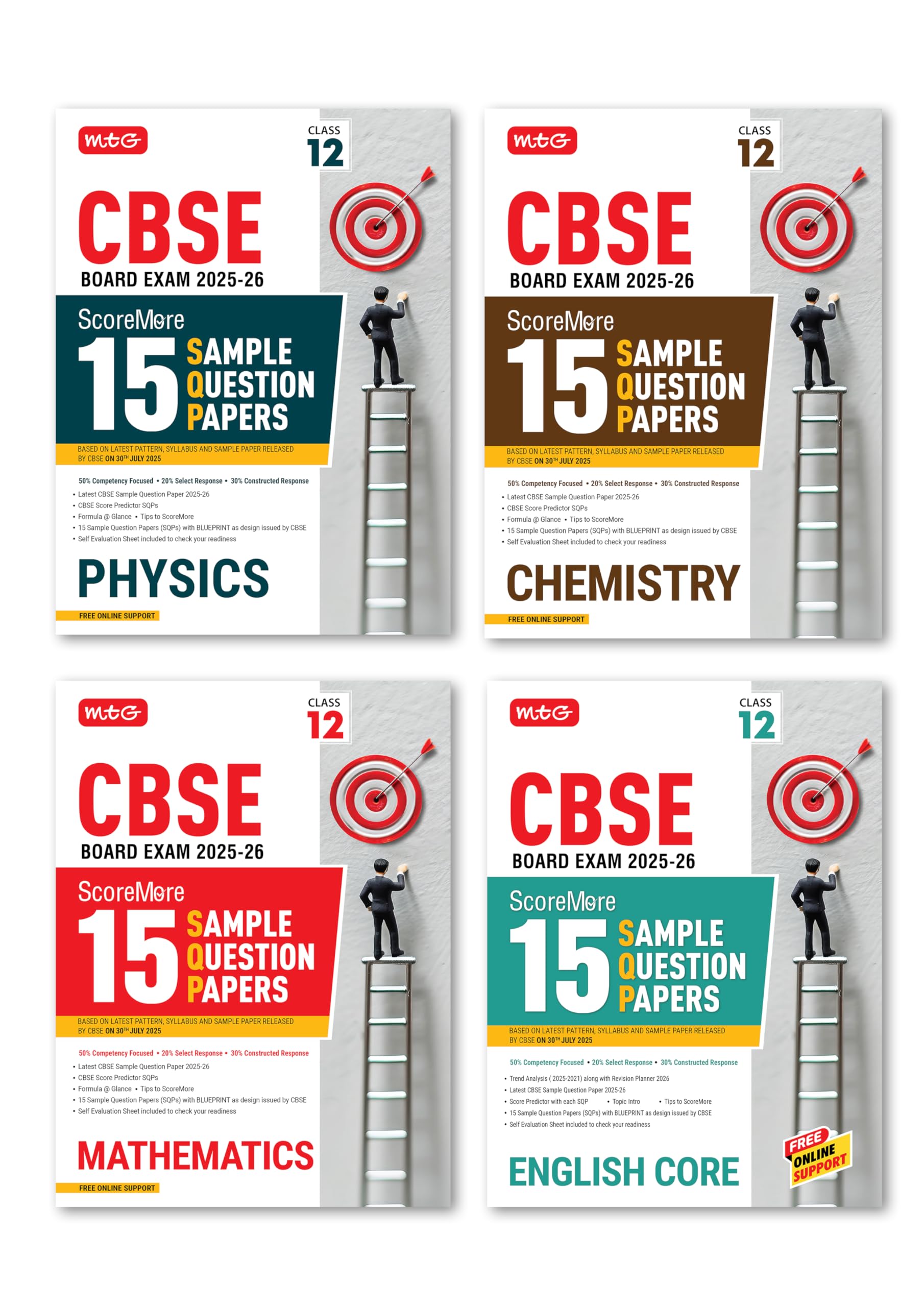 Mtg Cbse Class 12 Scoremore 15 Sample Papers Physics, Chemistry, Mathematics & English Books For 20252026 Board Exam (Set Of 4)