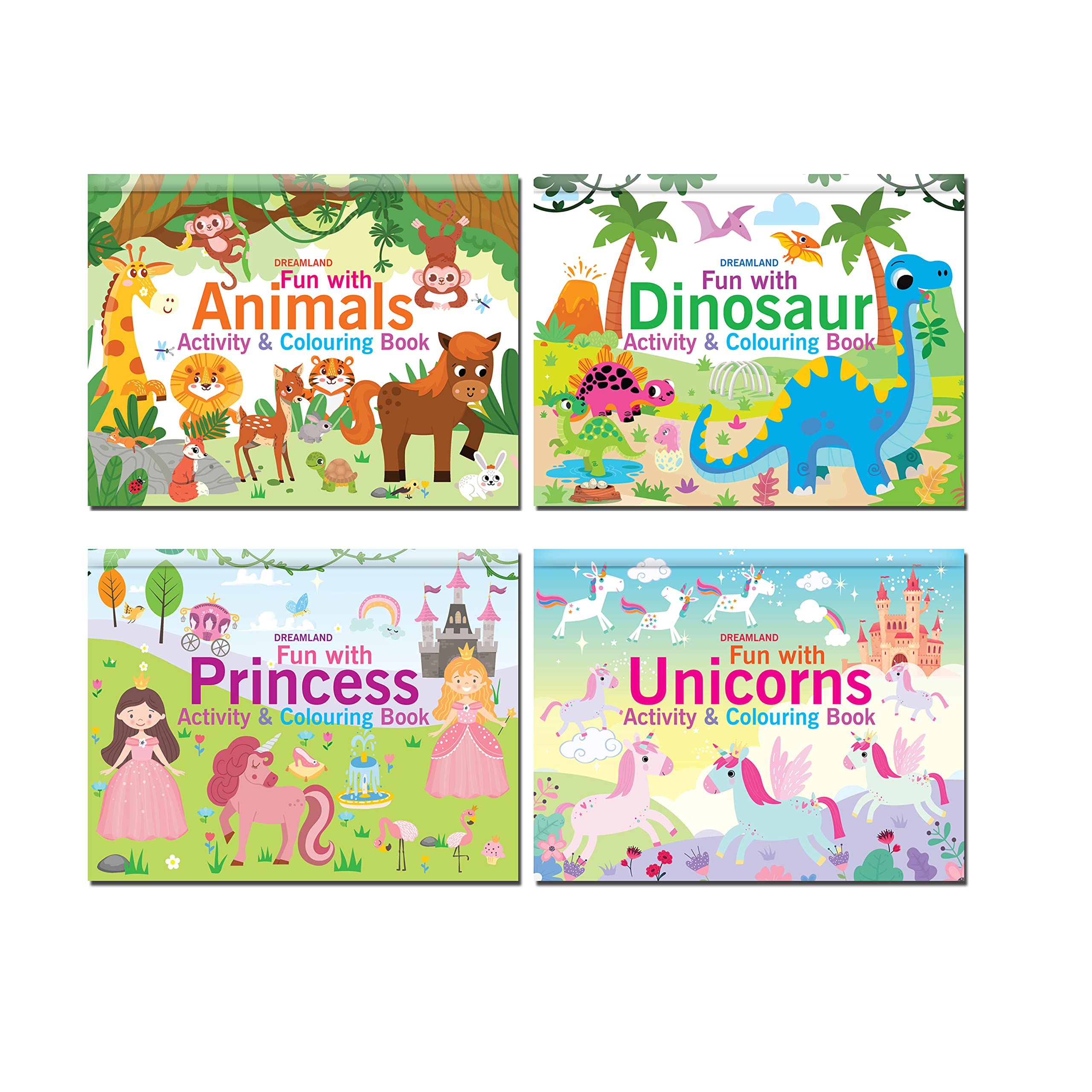 Fun with Activity & Colouring Books Pack | 4 Fun & Creative Activity Books for Kids | Includes Animals, Dinosaurs, Princesses & 