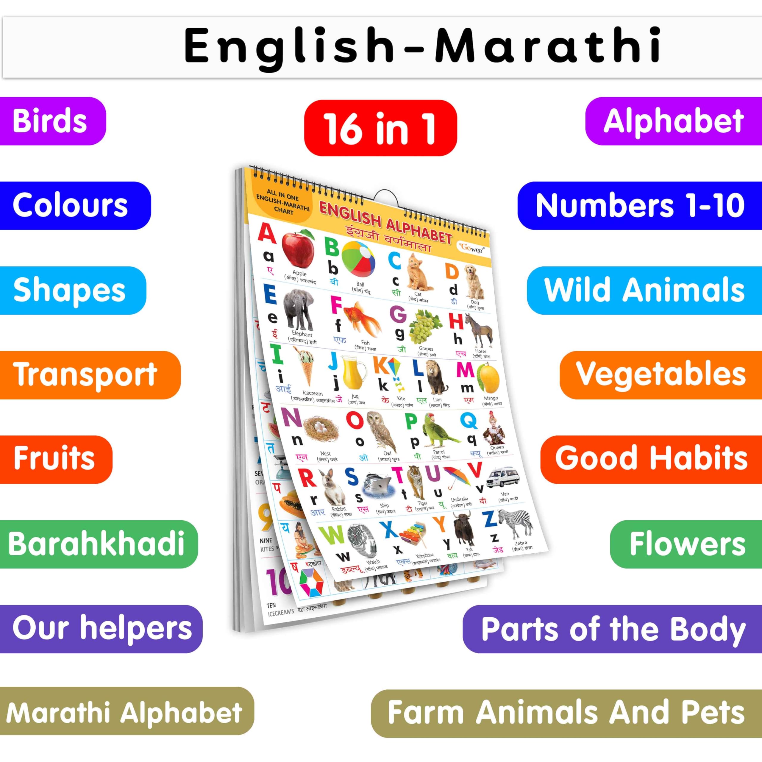 My First ALL IN ONE SPIRAL CHART ENGLISHMARATHI : With 16 Topics ( Big Fonts and Realistic Pictures) | Gift Set For Kids
