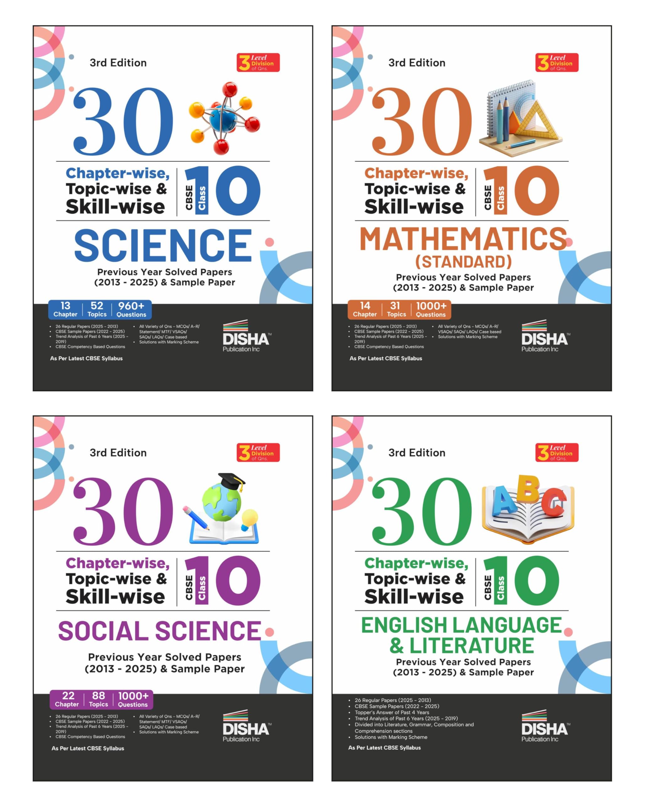 Disha Combo (4 Books) 30 ChapterWise, TopicWise & SkillWise Cbse Class 10 English, Mathematics (Std), Science & Social Scienc