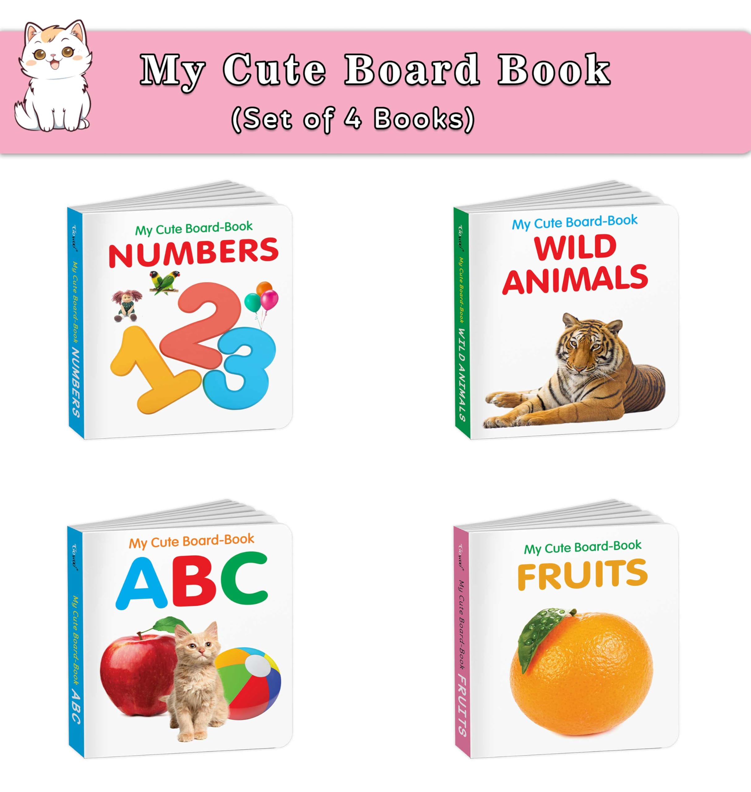 Baby board books collection  ABC, Wild Animals Fruits and Numbers : multitopic baby book set, bright picture books for infants