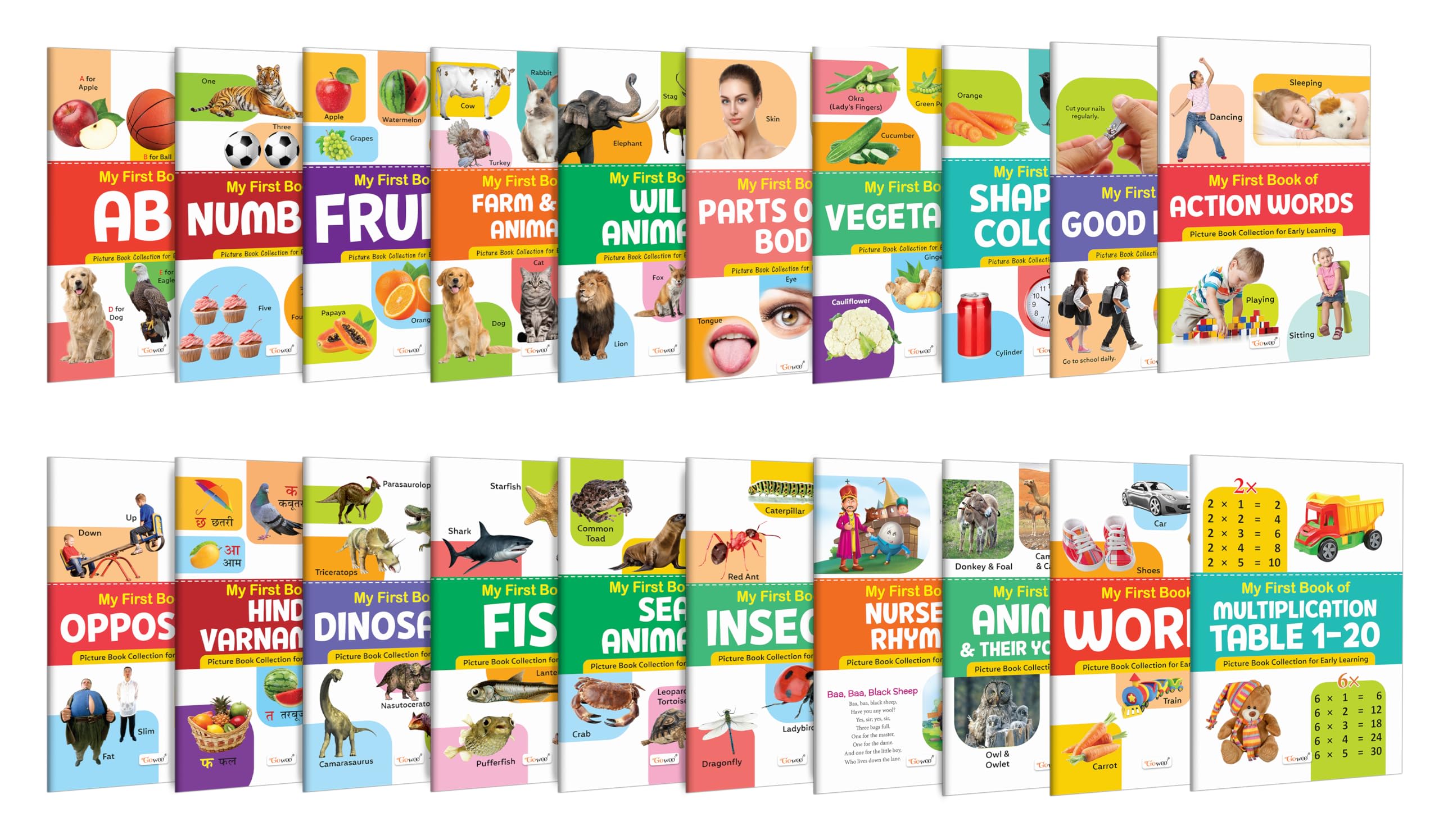 My First Book of ABC, Numbers, Fruits, Farm & Pet Animals, Wild Animals and more : all in one learning book, interactive pictur