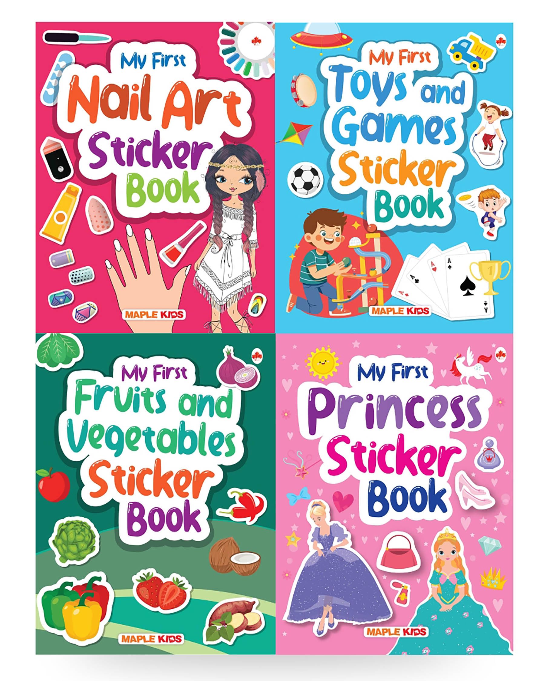 Sticker Books (Set Of 4 Books)  Fruits And Vegetables, Nail Art, Toys And Games, Princess  Activity Books For Kids  Stickers 