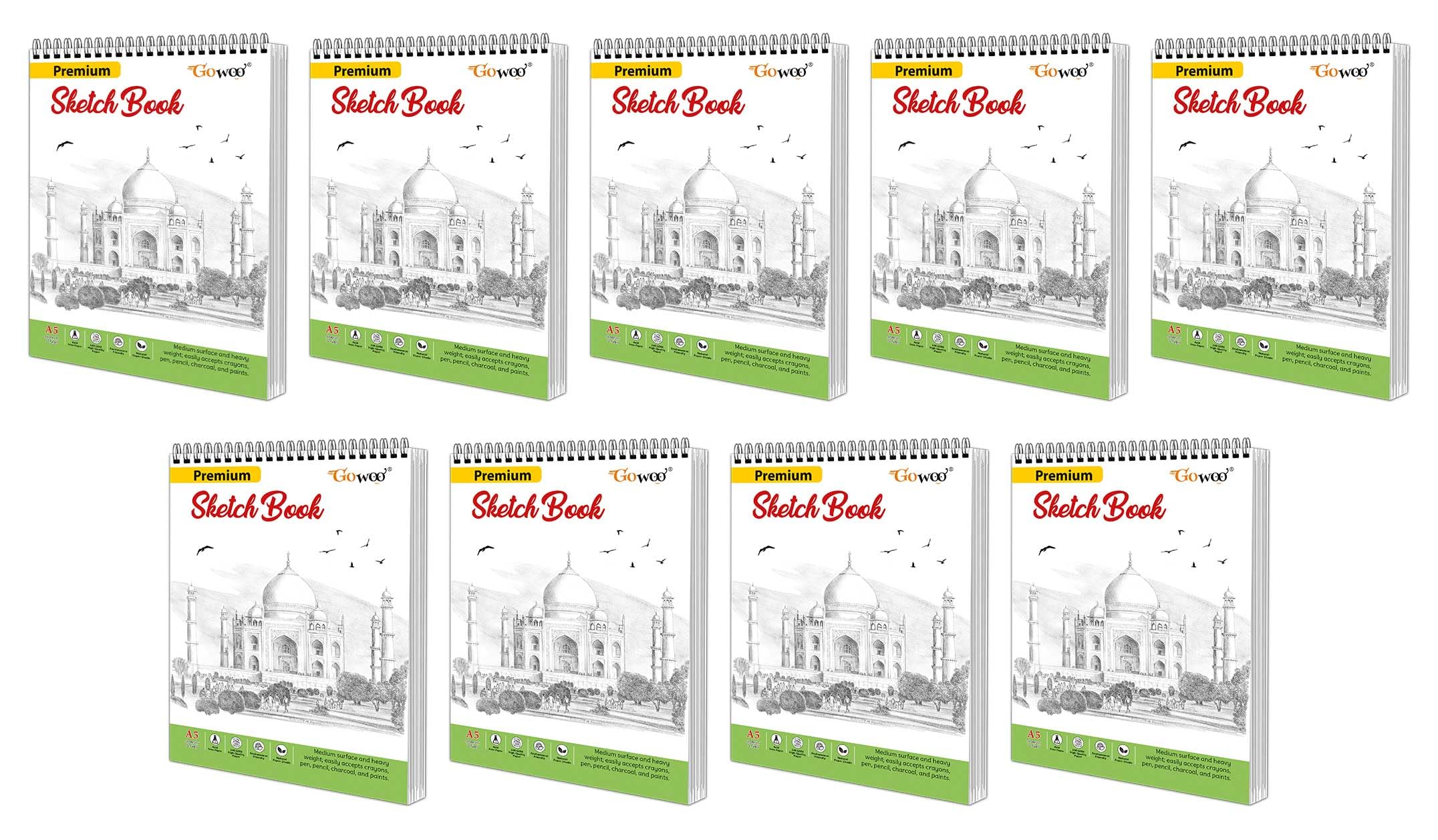 A5 Premium Sketch Book : Set of 9  Top SpiralBound Sketchpad, 36 sheets (5.8 x 8.3 Inch), Drawing Paper for Doodling, 140 Thic