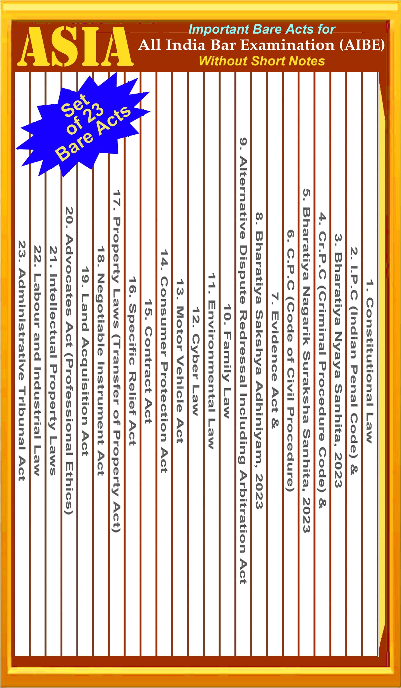 Asia  Important Bare Acts For All India Bar Examination (Aibe) October 2024  Without Short Notes [Set Of 23 Bare Acts]