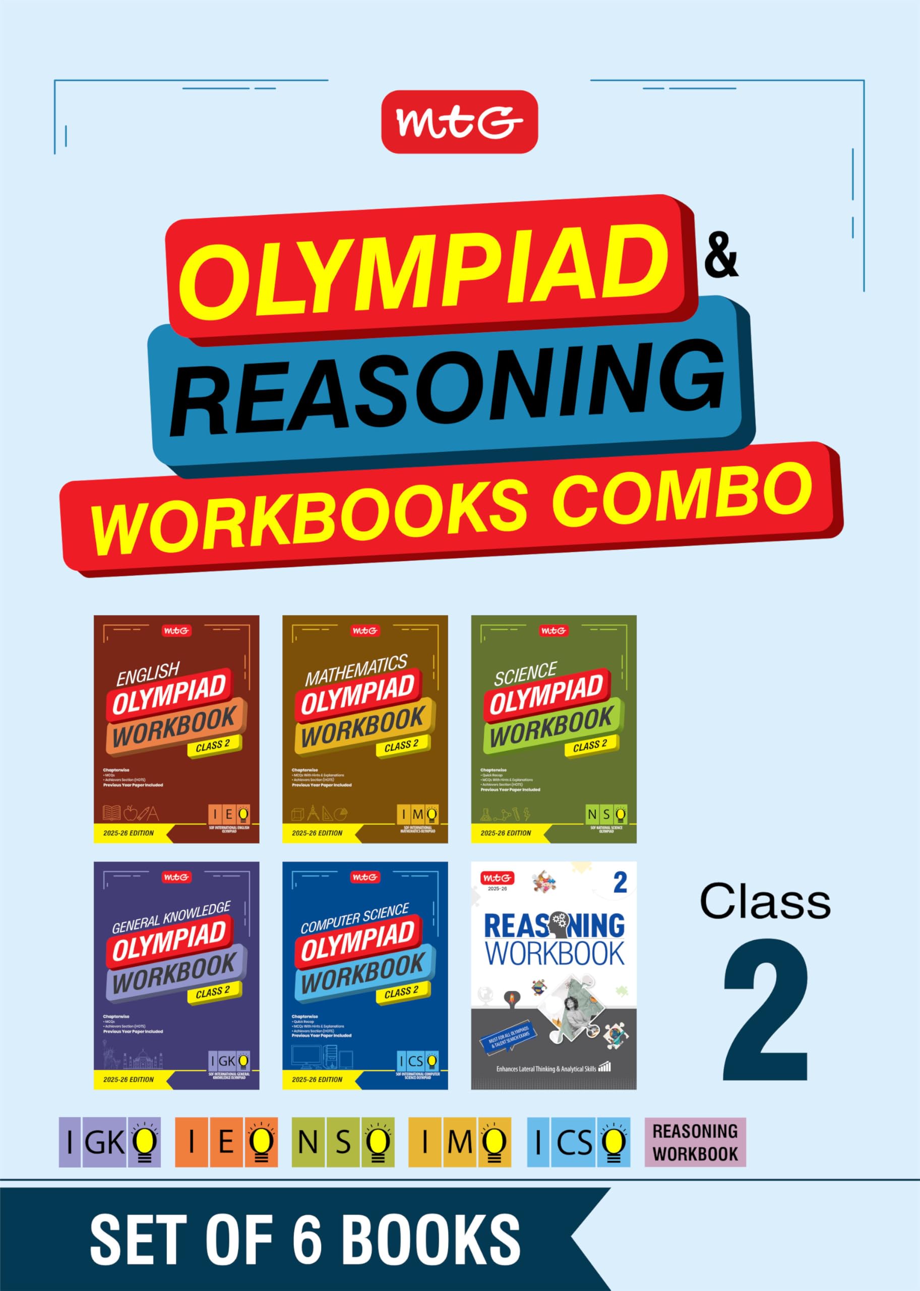 Mtg Class2 NsoImoIeoIcsoIgko Olympiad And Reasoning Workbook Combo (Set Of 6 Books) | Mcqs, Previous Years Solved Paper & A