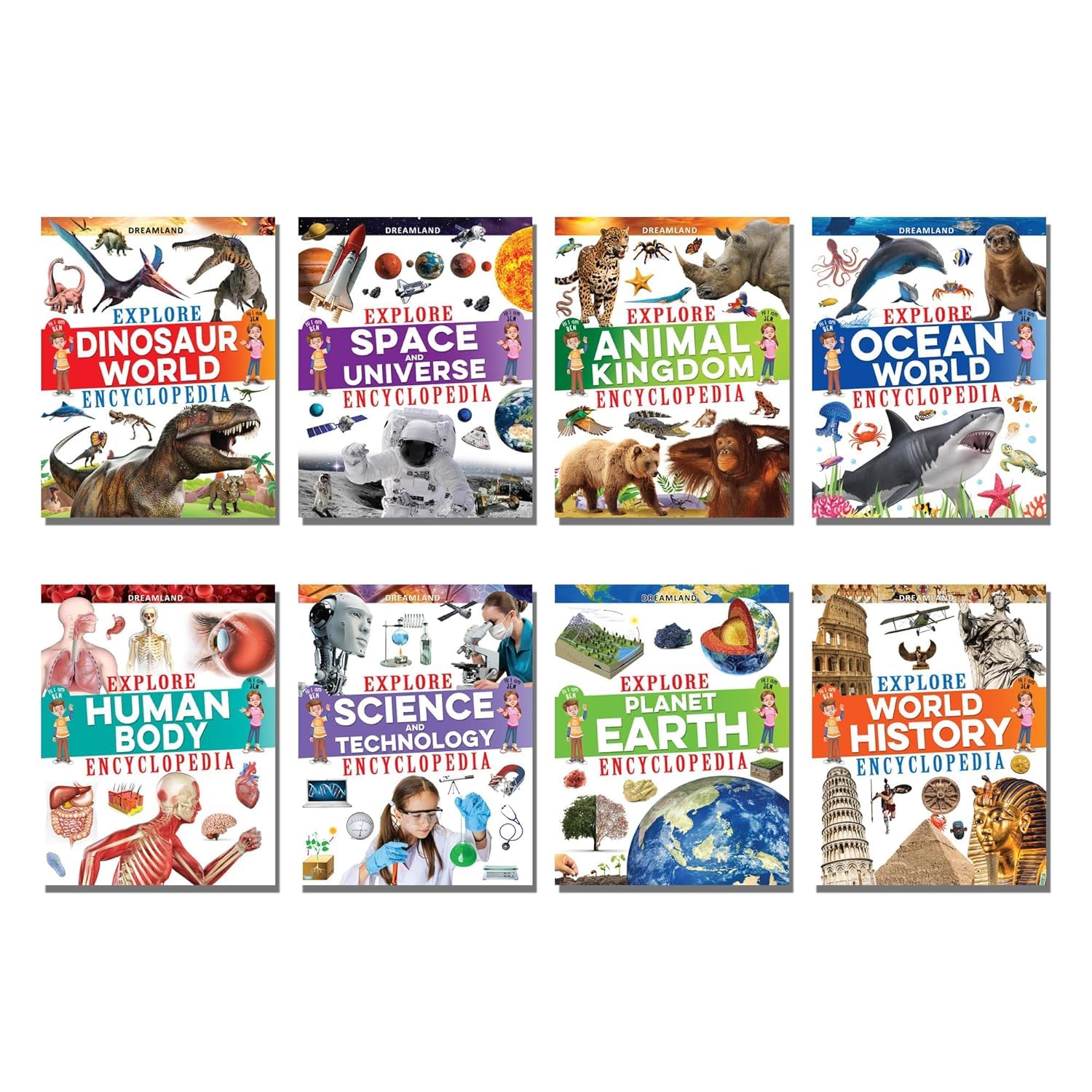 Explore Encyclopedia Books Pack  A Set Of 8 Books |Dinosaur World | Space & Universe | Animal Kingdom | Ocean World | Human Bod