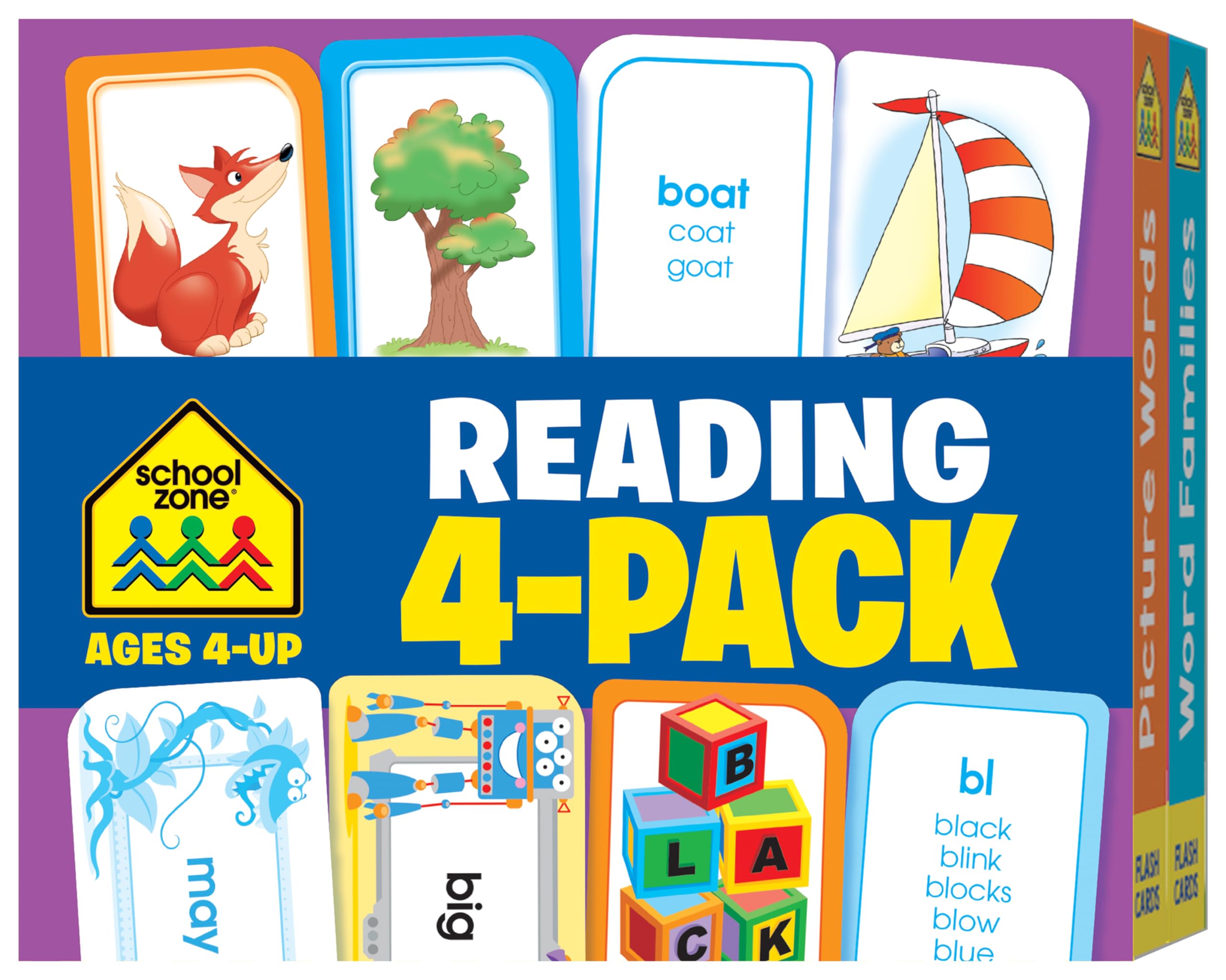 School Zone  Reading 4Pack Flash Cards  Ages 4+, Kindergarten, 1st Grade, Sight Words, Phonics Made Easy, Word Families, Pict