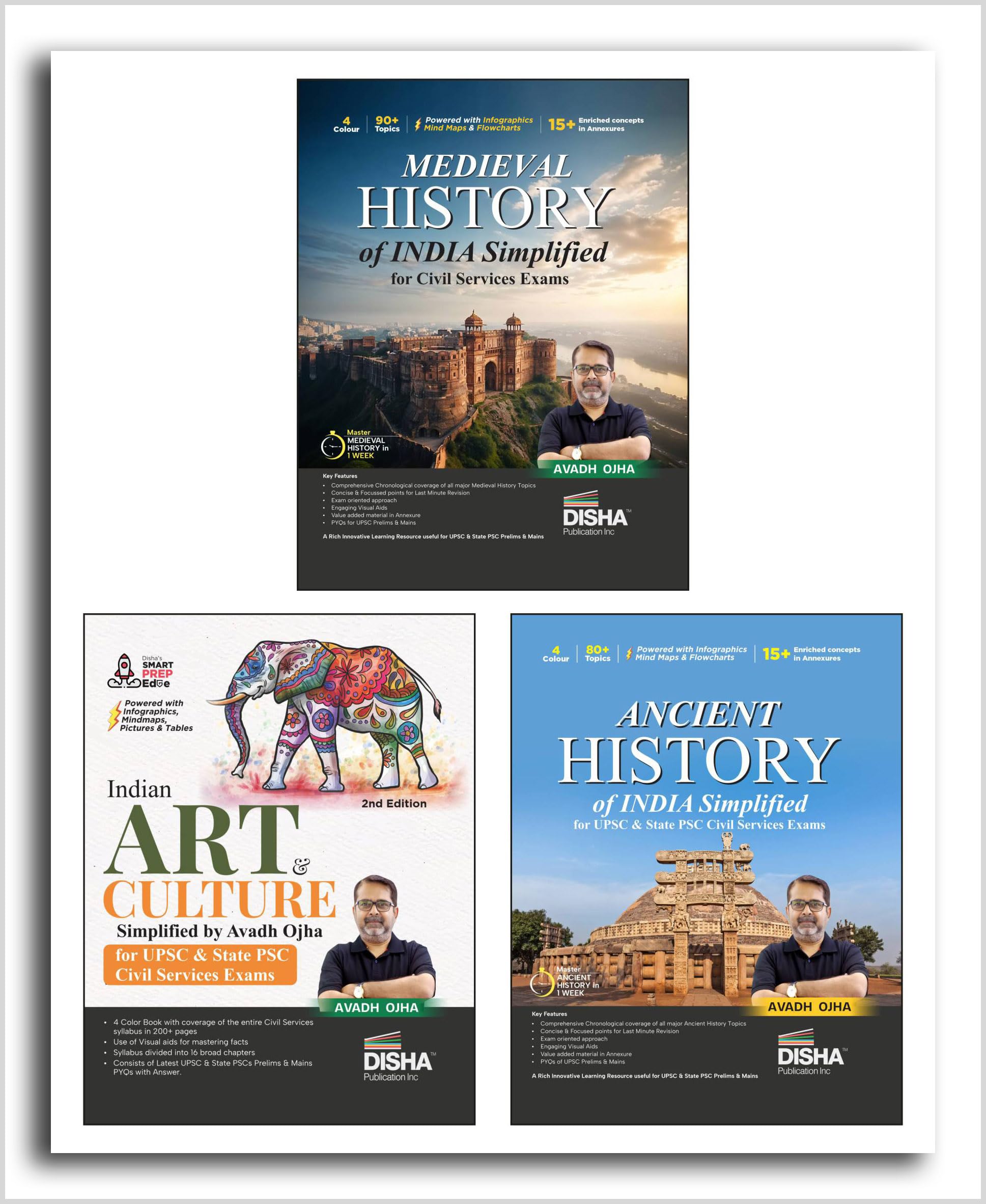 Disha Combo (Set Of 3 Books) Ancient, Medieval, Art & Culture Simplified By Avadh Ojha For Upsc & State Psc Civil Services Preli