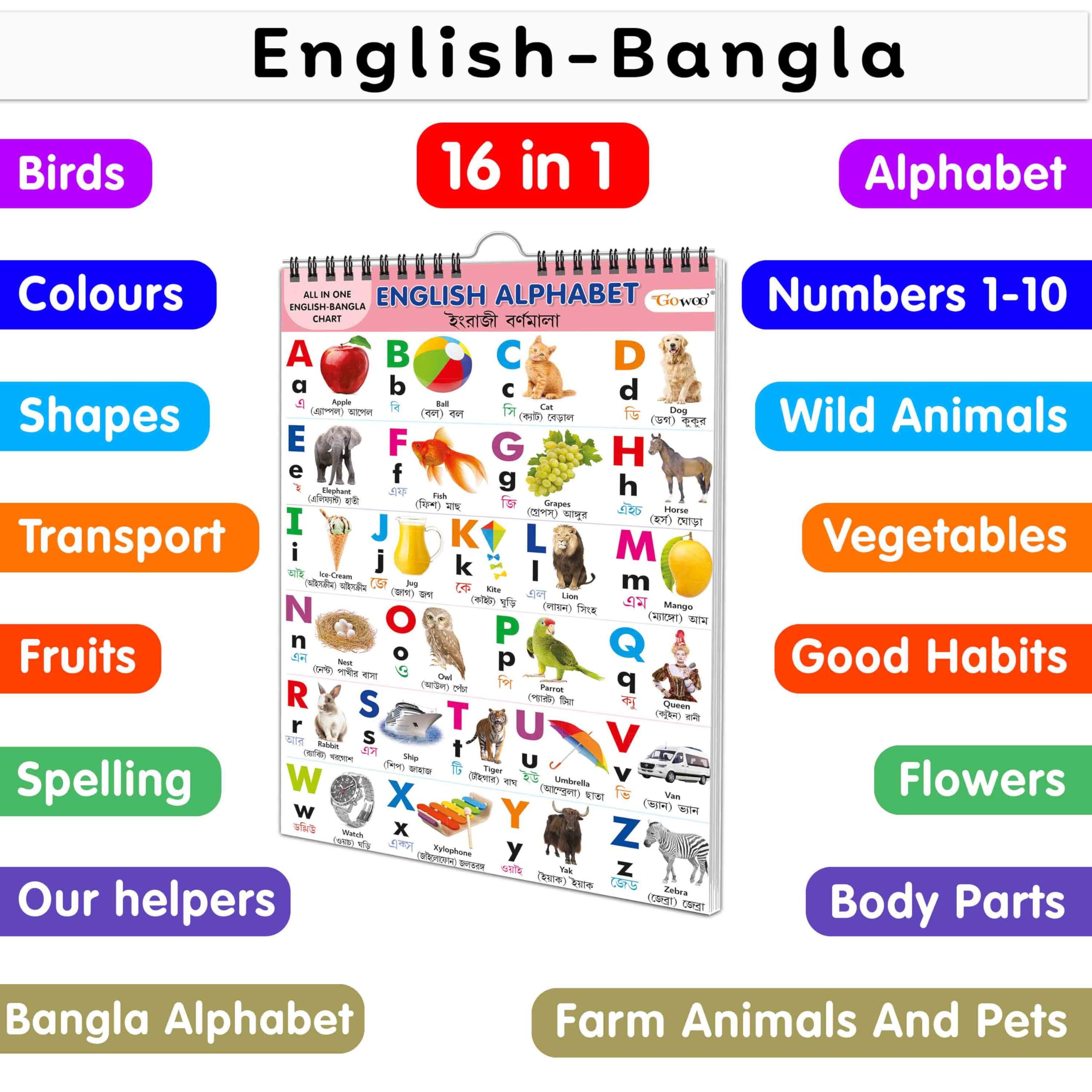 My First ALL IN ONE SPIRAL CHART ENGLISHBANGLA : With 16 Topics : English Alphabet, BENGALI ALPHABET, BARAHKHADI, Number 110, 