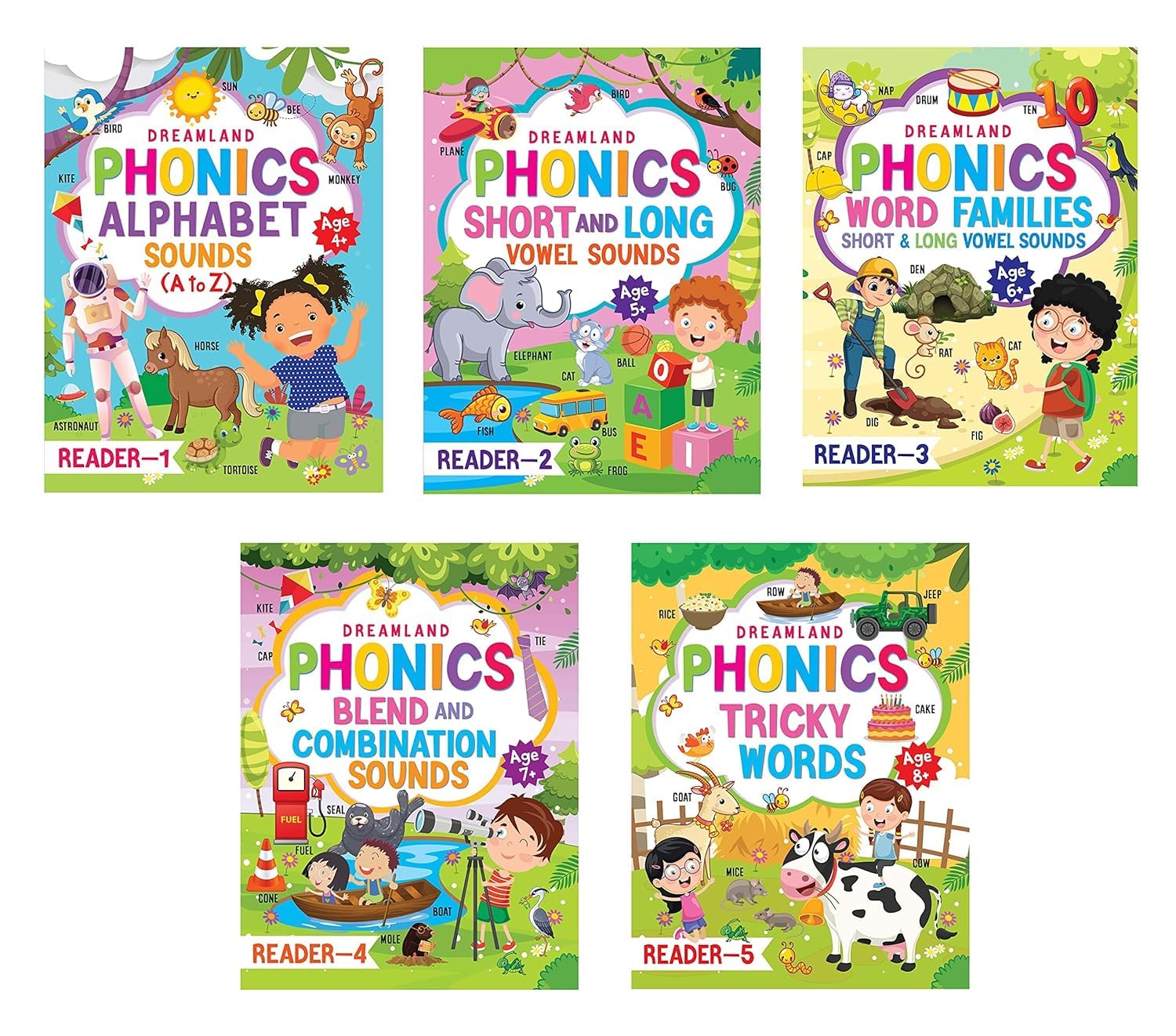 Phonics Reader 5 Books Pack For Children Age 3 10 Years Alphabet Sounds, A To Z, Short And Long Vowel Sounds, Word Families Sh
