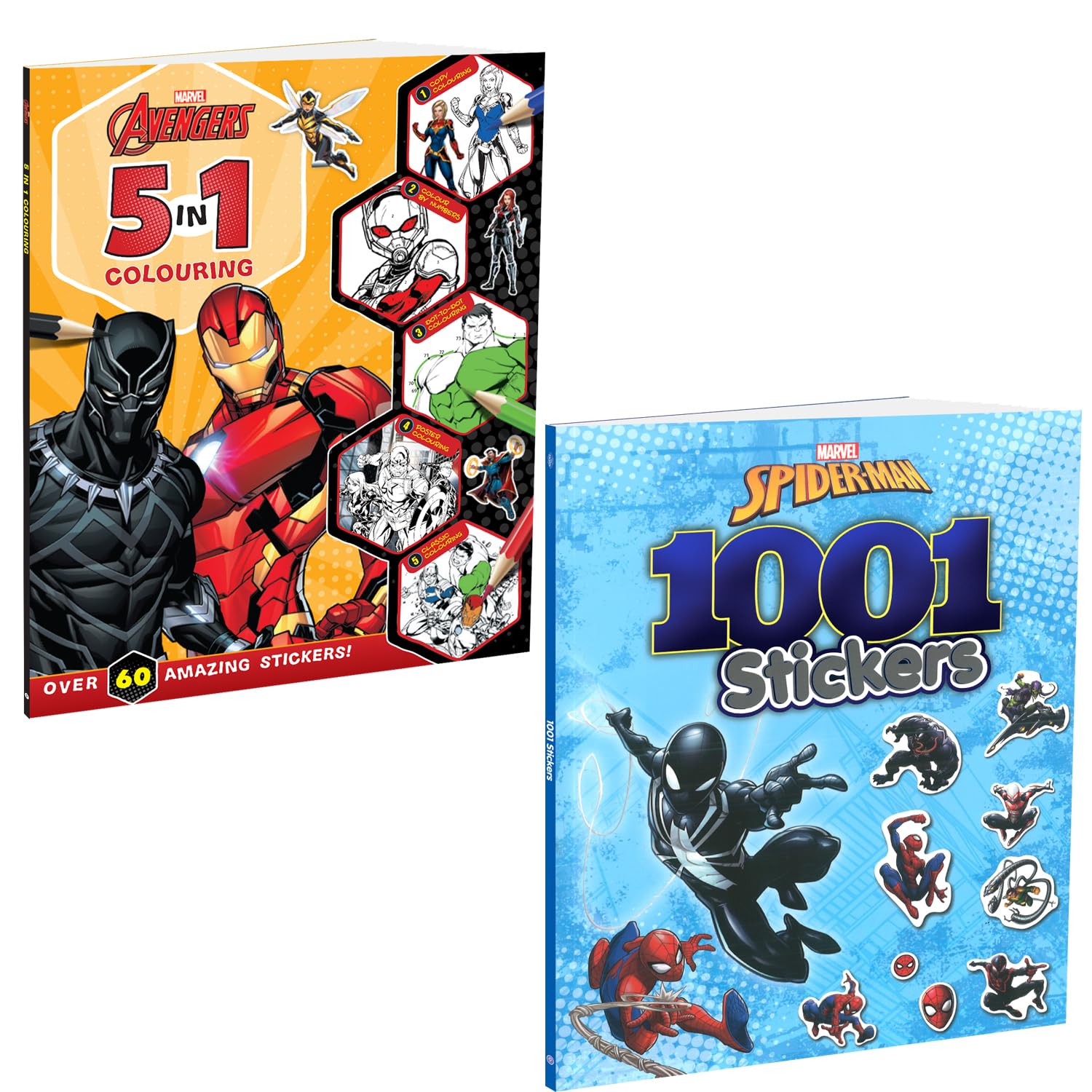 Marvel SpiderMan and Avengers Sticker and Colouring Pack of 2 Books | Stickers, Colouring and Activities for Kids