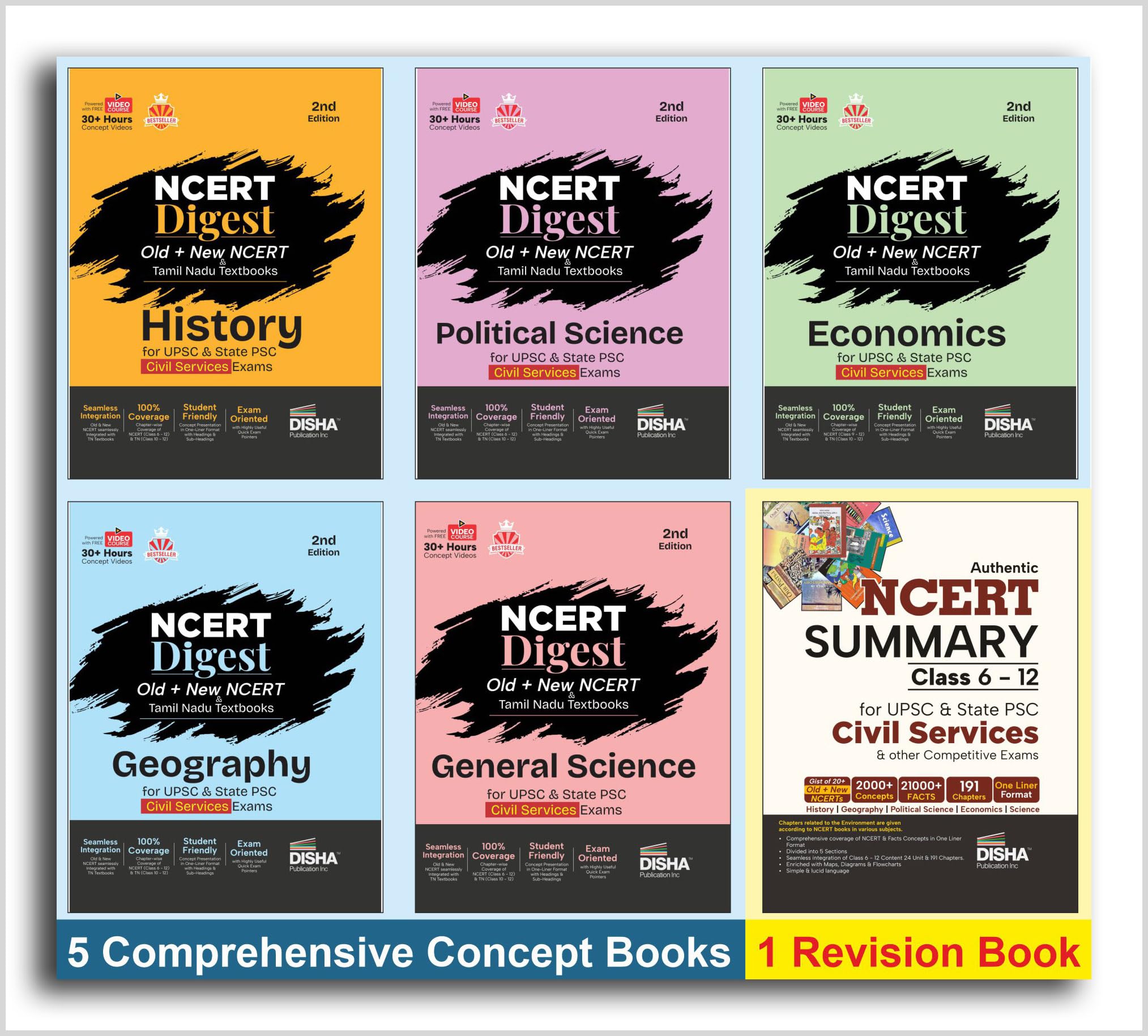 Disha Combo (Set Of 6 Books) Comprehensive Ncert Class Vi  Xii Notes (5 Books) With Its Summary (1 Book) For Upsc & State Psc C