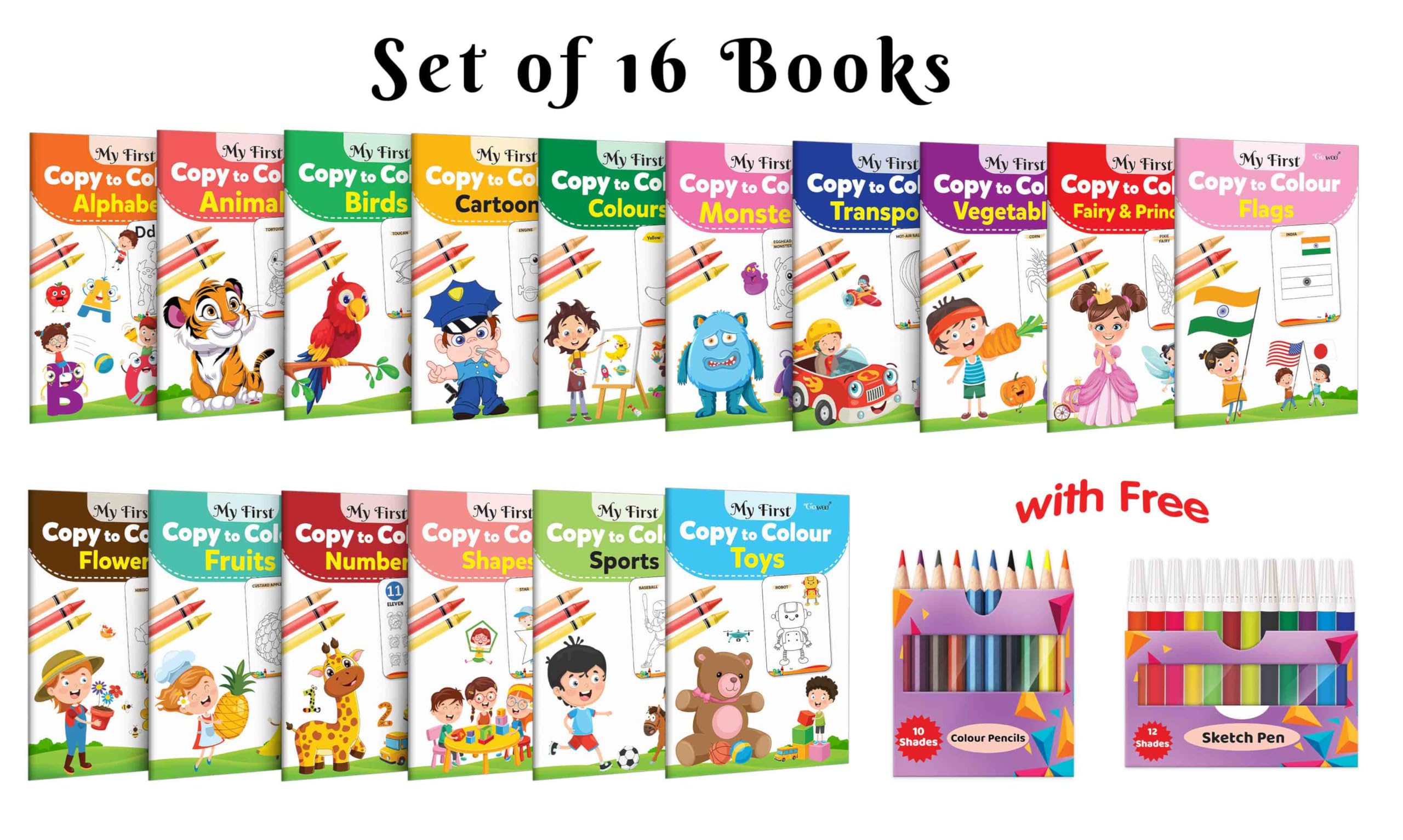 My First Copy to Colour  Alphabet, Animals, Birds, Cartoons and more with 12 WATER COLOUR SKETCH PEN and 10 COLOUR PENCILS : ul