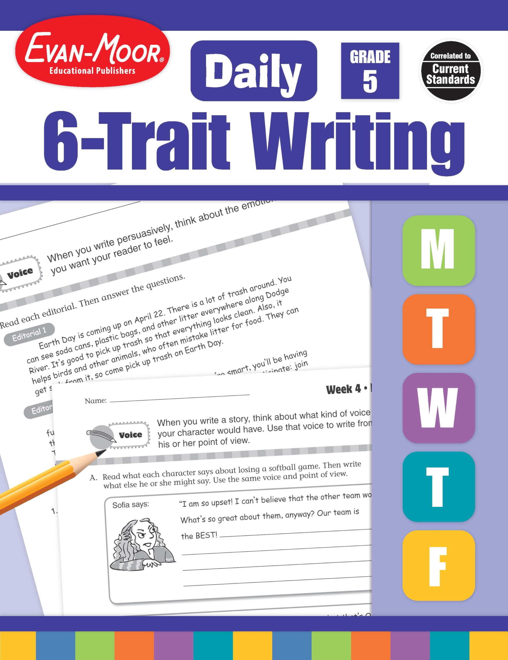 EvanMoor Daily 6Trait Writing, Grade 5 Homeschool and Classroom Resource Workbook, Reproducible Worksheets, Teaching Edition, 