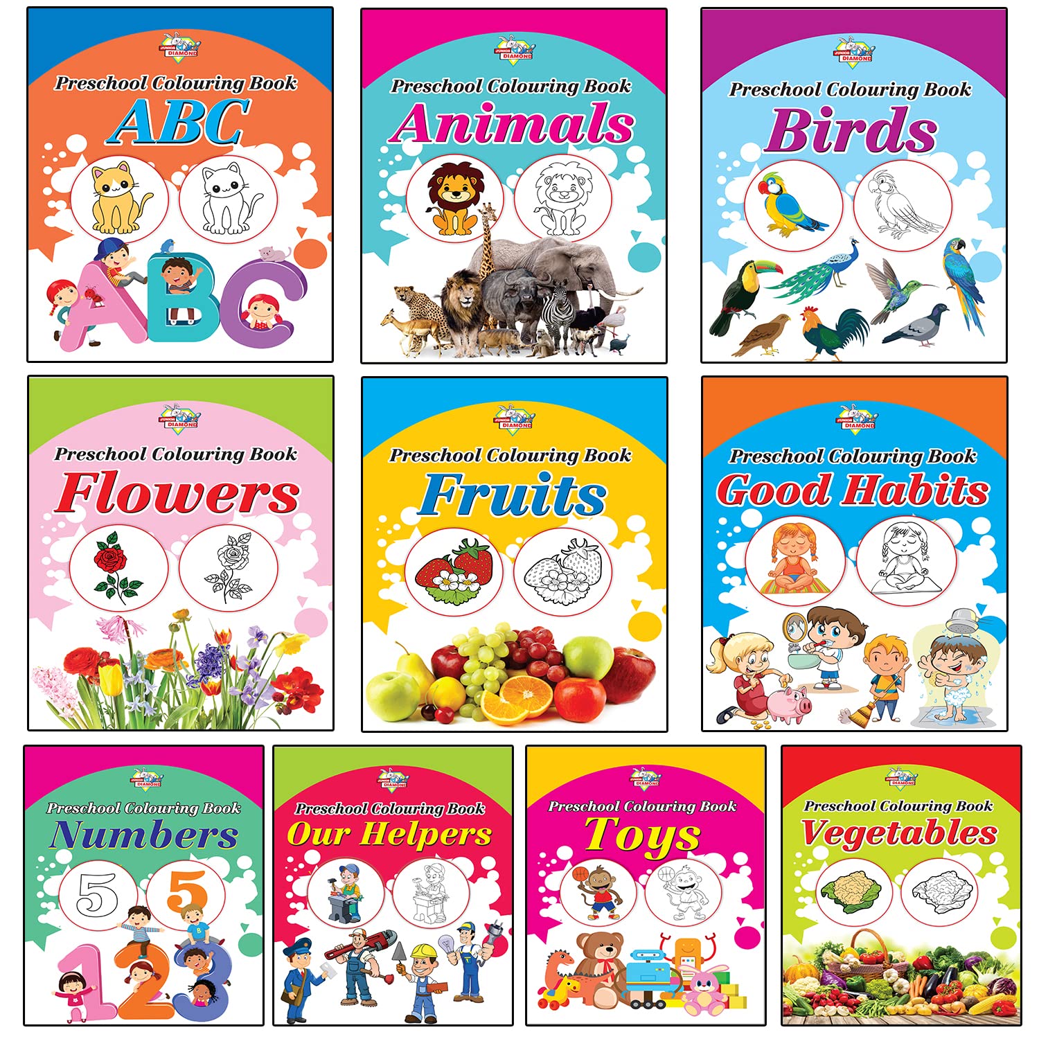 Preschool Colouring Books For Kids (Set Of 10 Books) Copy Colouring Books | Abc | Animals | Birds | Flowers | Fruits | Good Habi