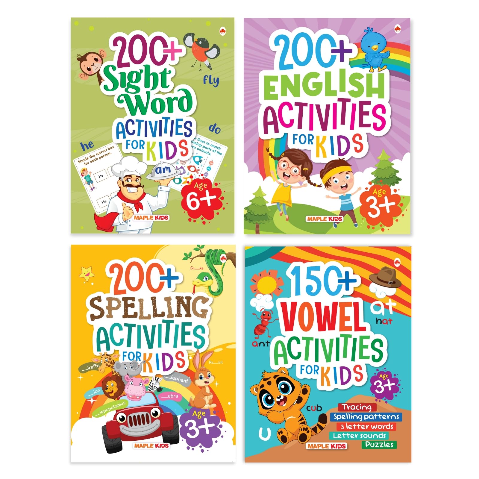 Activity Books for Kids (Set of 4 Books)  200+ English Activities, 200+ Sight Word Activities, 200+ Spelling Activities, 150+ V