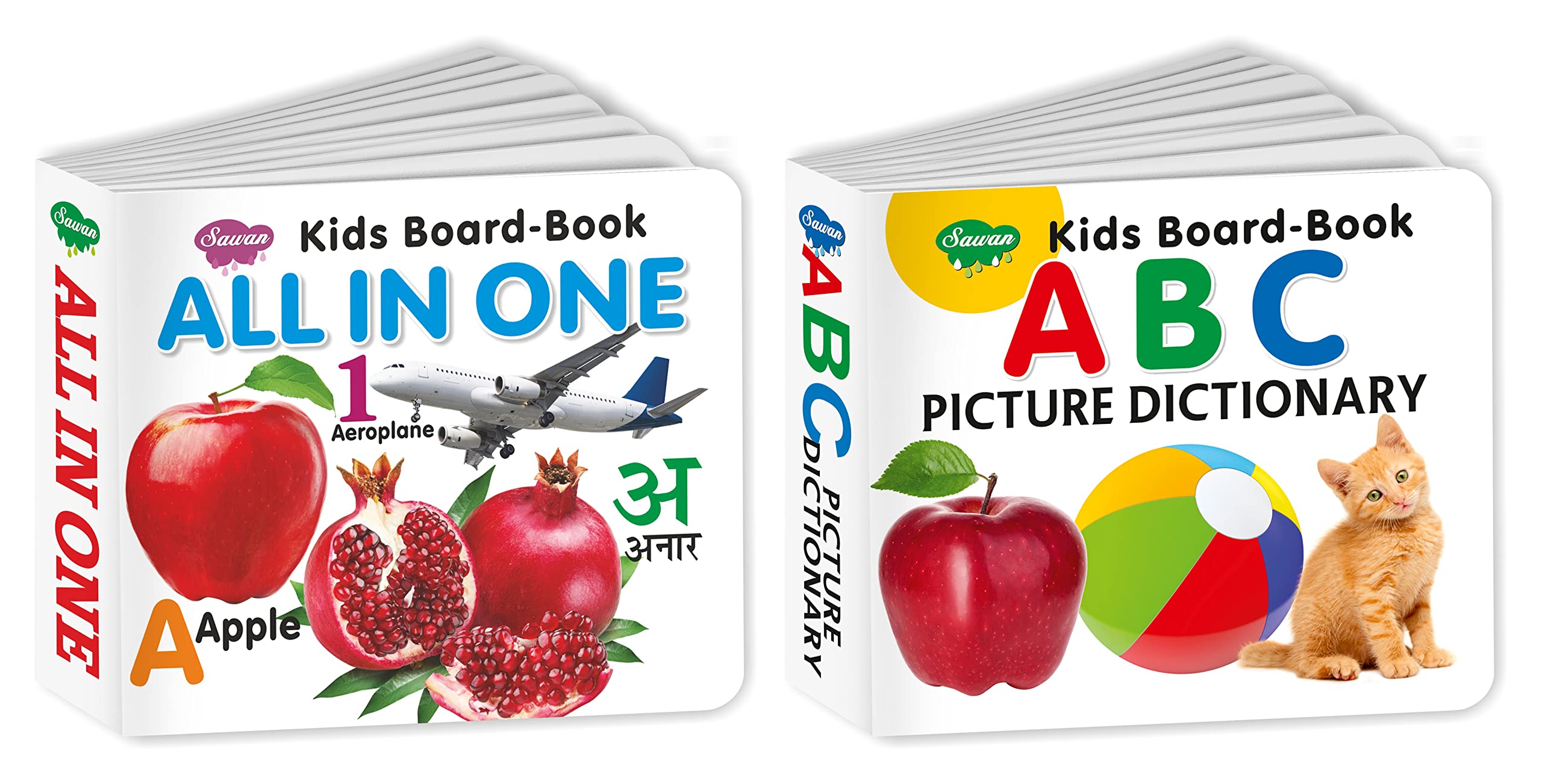Set Of 2 Kids Board Books (Kids Board Book Abc Picture Dictionary, Kids Board Book All In One)