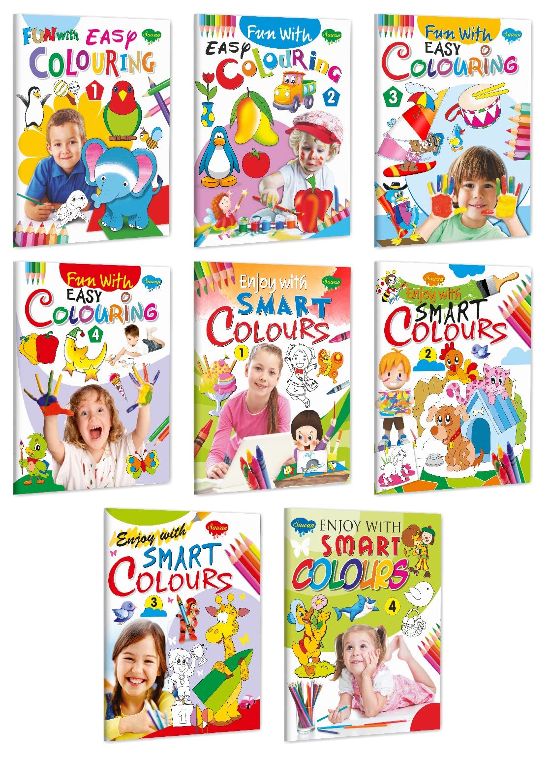 Sawan Set Of 8 Books Colouring Books For Kids (Fun With Easy Colouring1, 2, 3, 4, Enjoy With Smart Colouring1, 2, 3, 4)